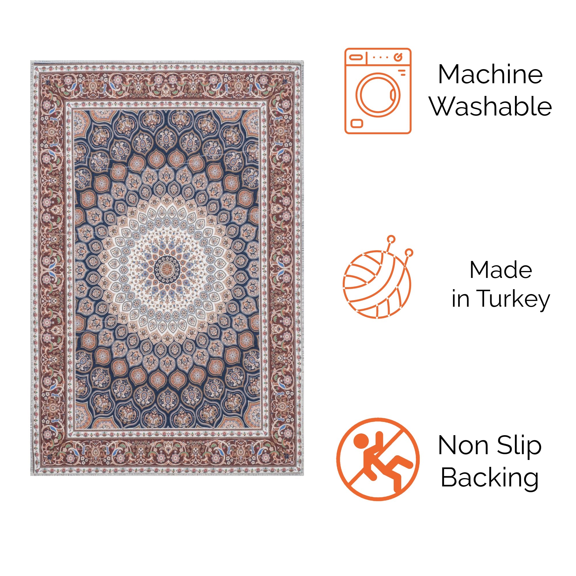 Red / Navy Bursa machine washable area rug 2' x 3' - machine washable, made in Turkey, non-slip backing