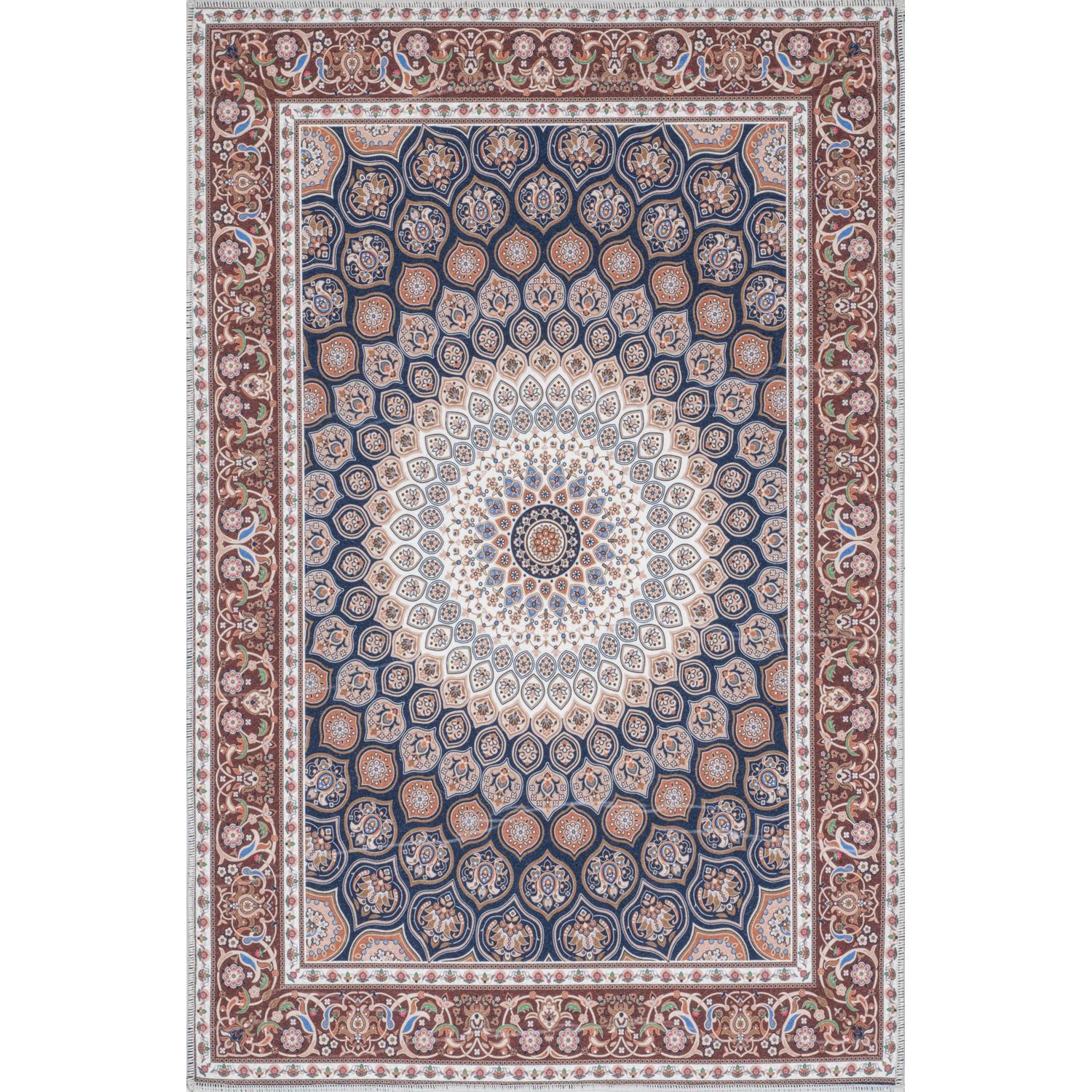 Red / Navy Bursa machine washable area rug 5' x 7' - flat overhead view