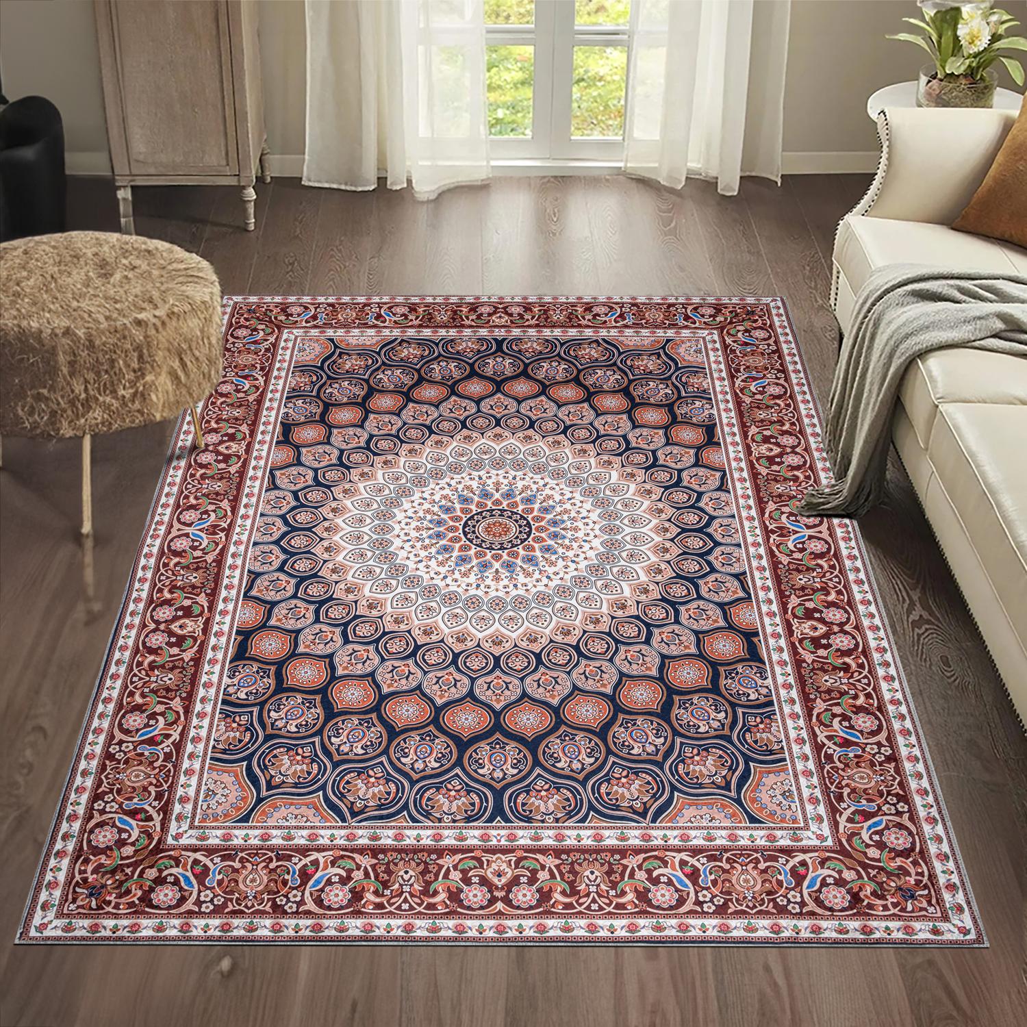 Red / Navy Bursa machine washable area rug 2' x 3' - styled in a room setting