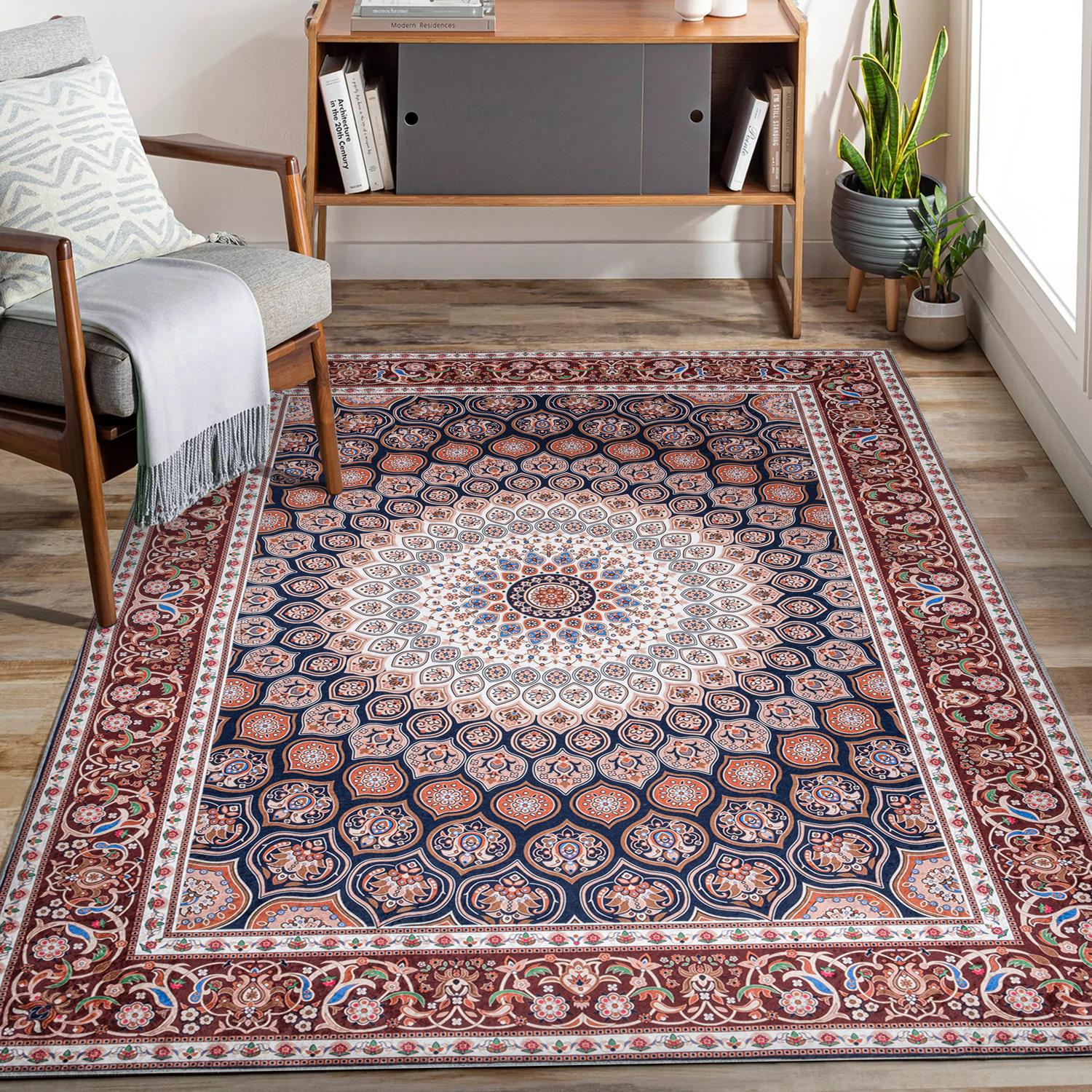 Red / Navy Bursa machine washable area rug 2' x 3' - styled in a living room