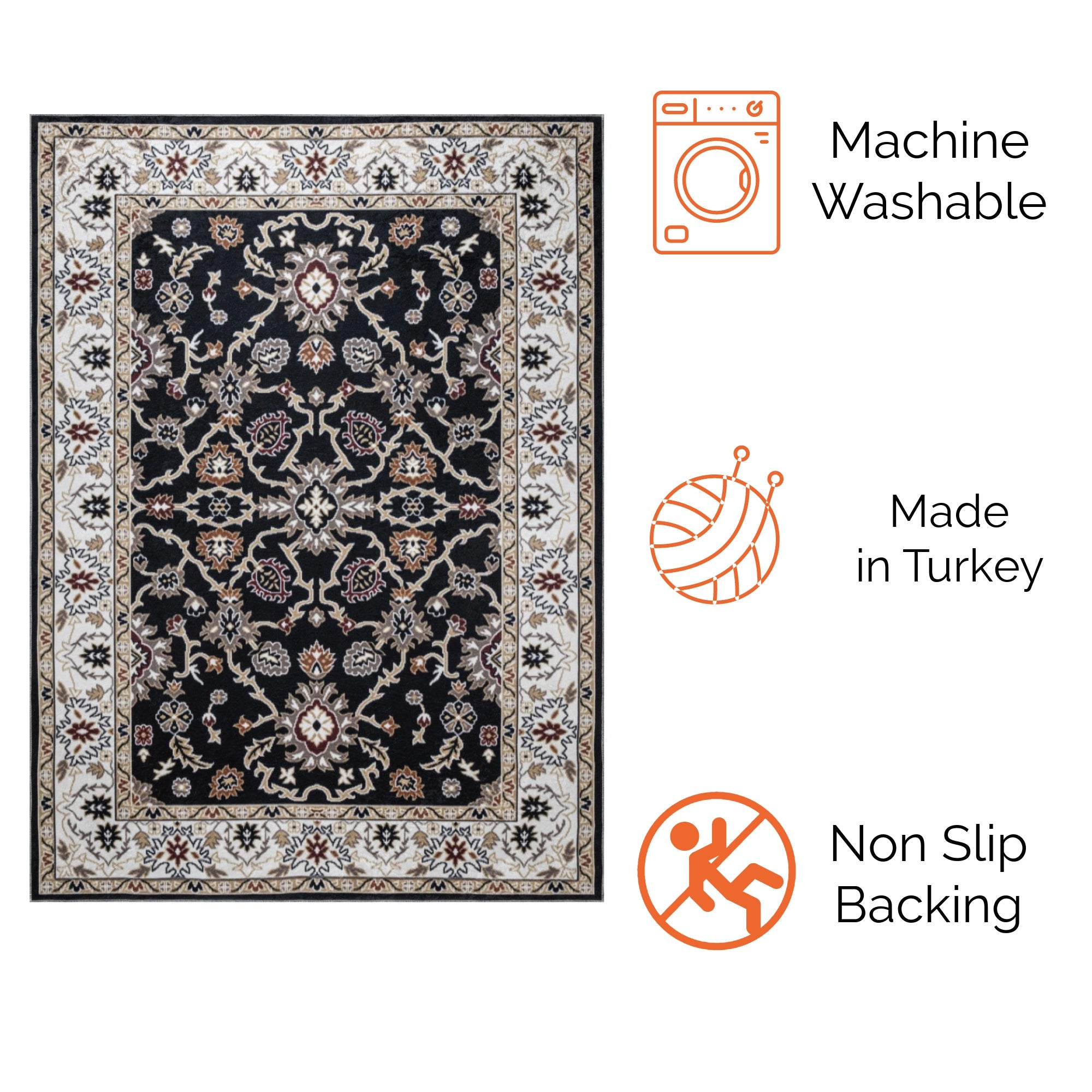 Black Bursa machine washable area rug 4' x 6' - machine washable, made in Turkey, non-slip backing