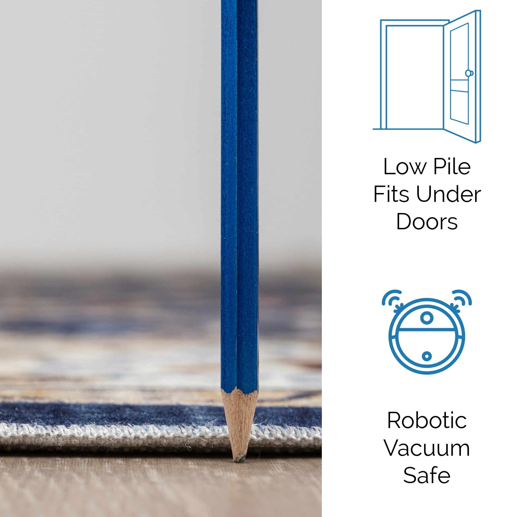 Navy Bursa machine washable area rug 2' x 3' - low pile fits under doors, robotic vacuum safe