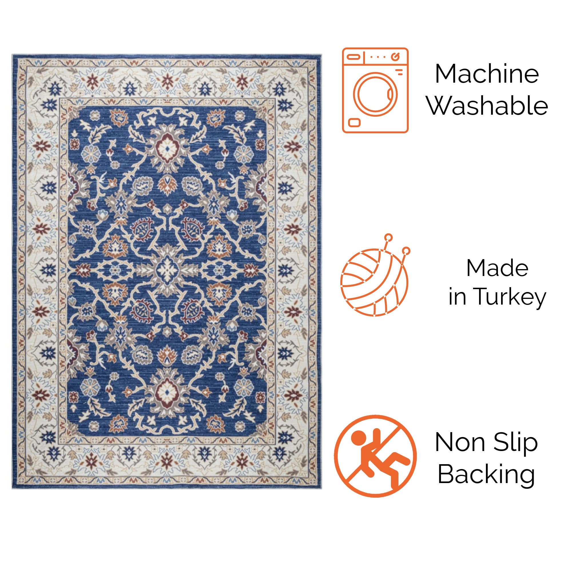 Navy Bursa machine washable area rug 5' x 7' - machine washable, made in Turkey, non-slip backing