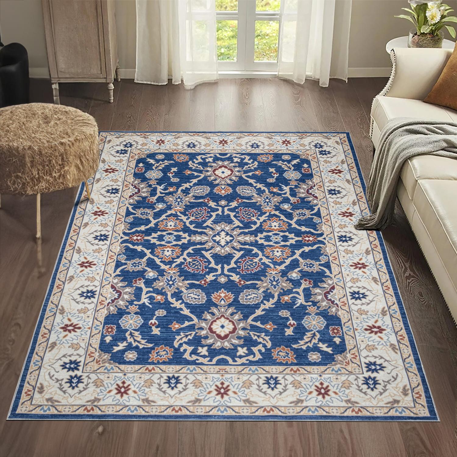Navy Bursa machine washable area rug 2' x 3' - styled in a room setting