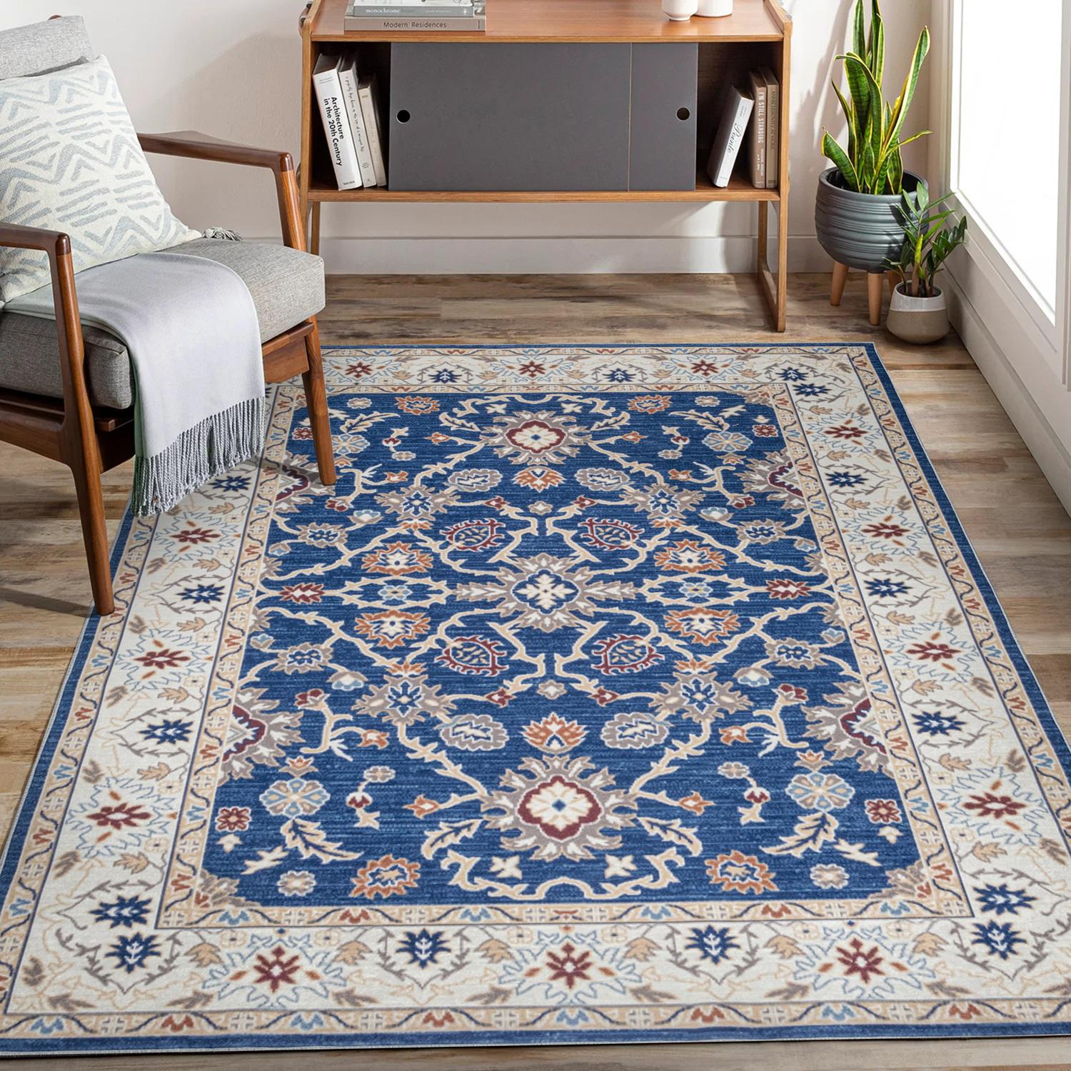 Navy Bursa machine washable area rug 3' x 5' - styled in a living room