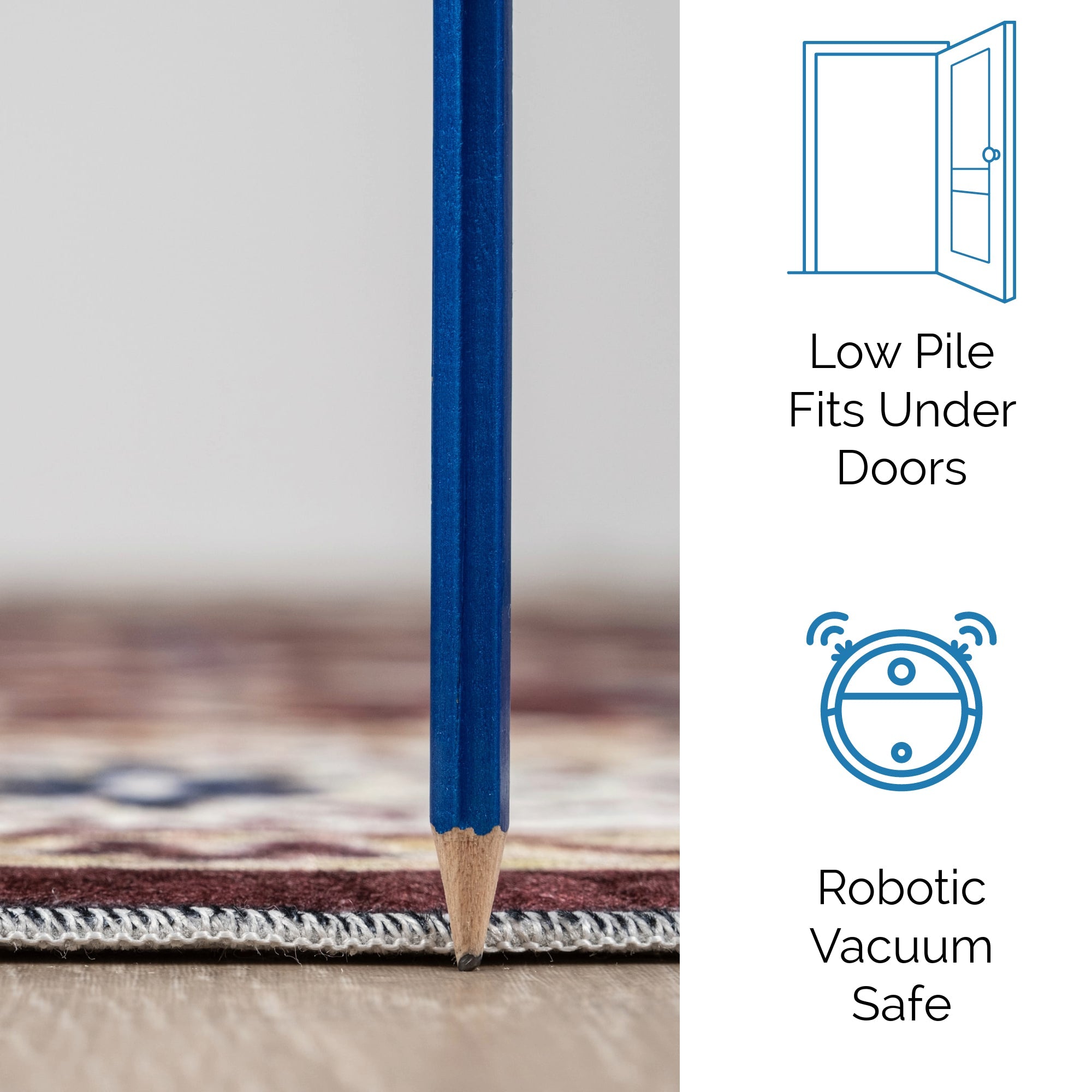 Burgundy Bursa machine washable area rug 2' x 3' - low pile fits under doors, robotic vacuum safe