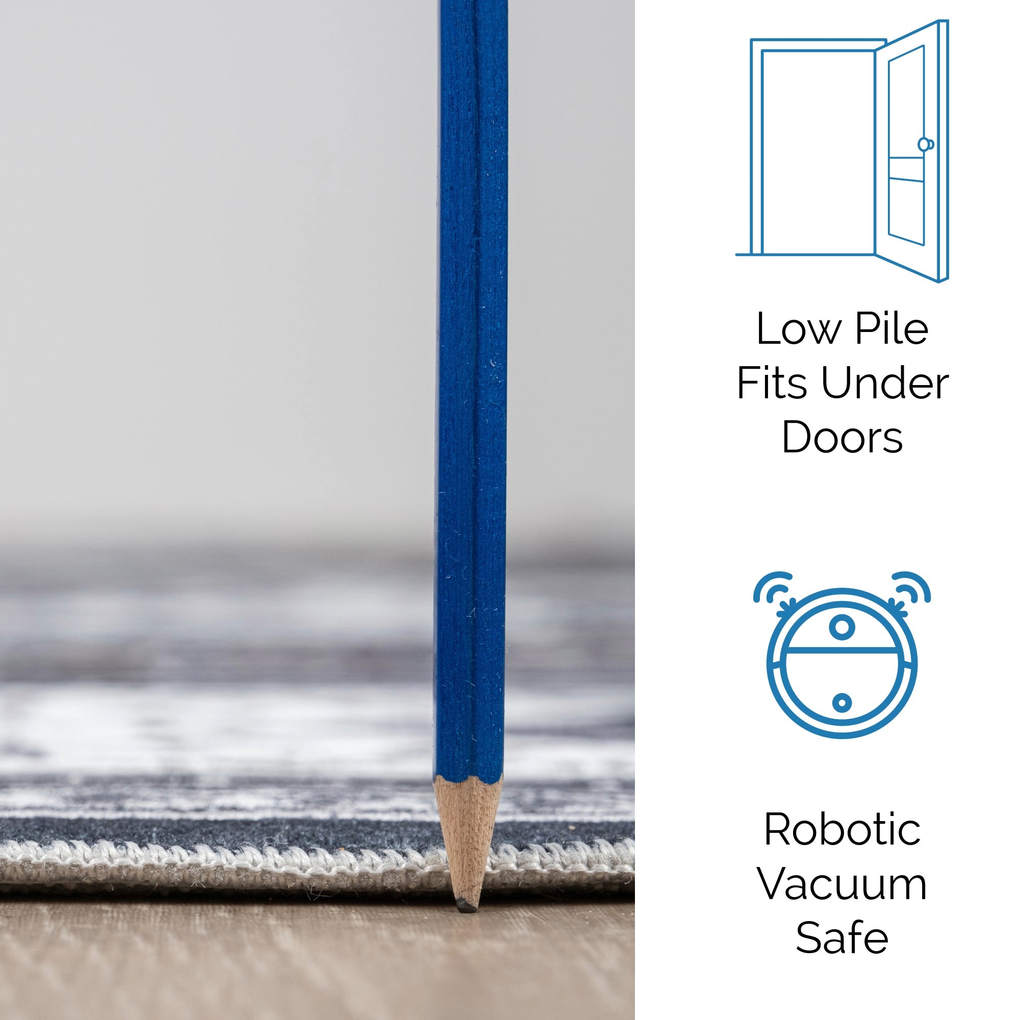 Gray Bursa machine washable area rug 2' x 3' - low pile fits under doors, robotic vacuum safe
