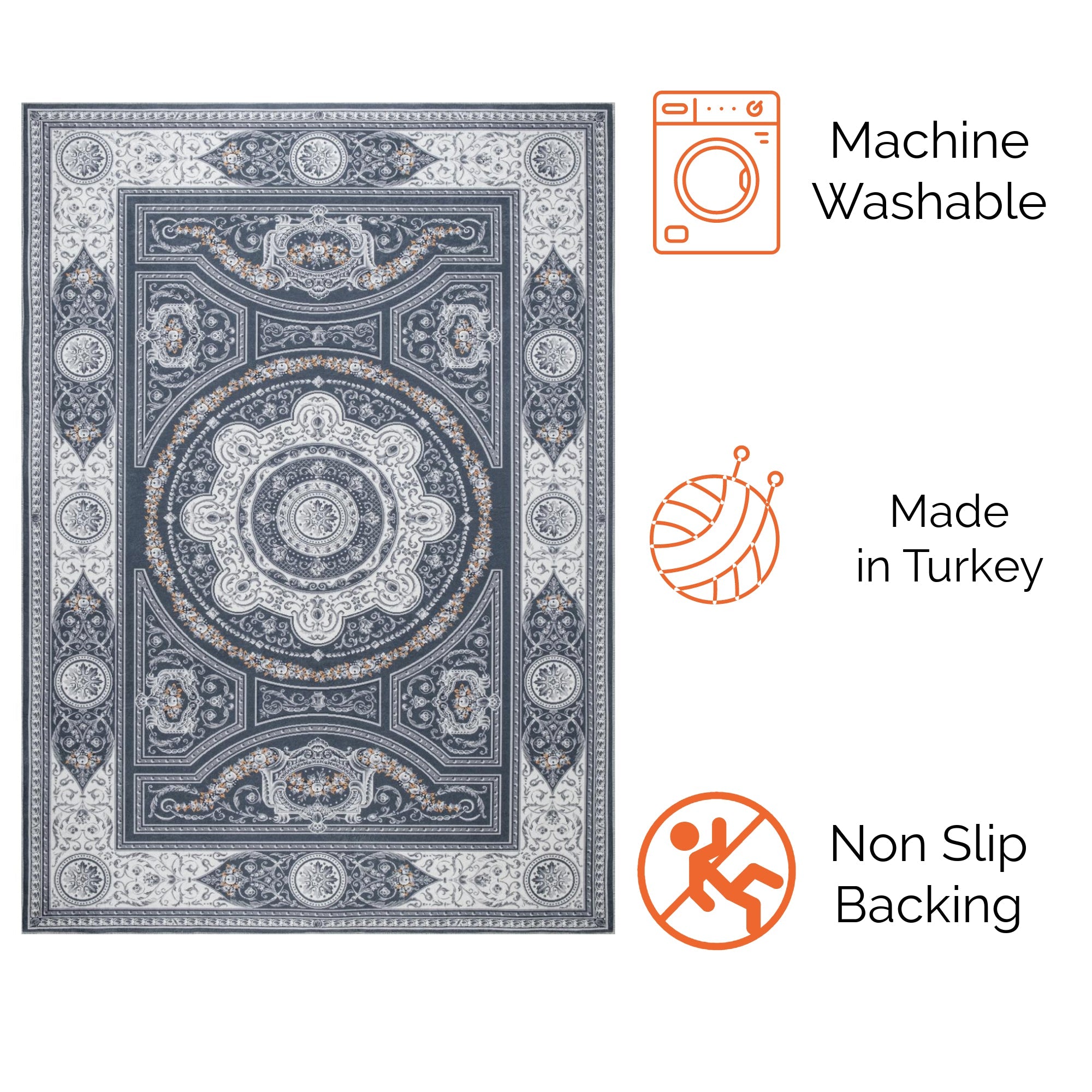 Gray Bursa machine washable area rug 2' x 3' - machine washable, made in Turkey, non-slip backing
