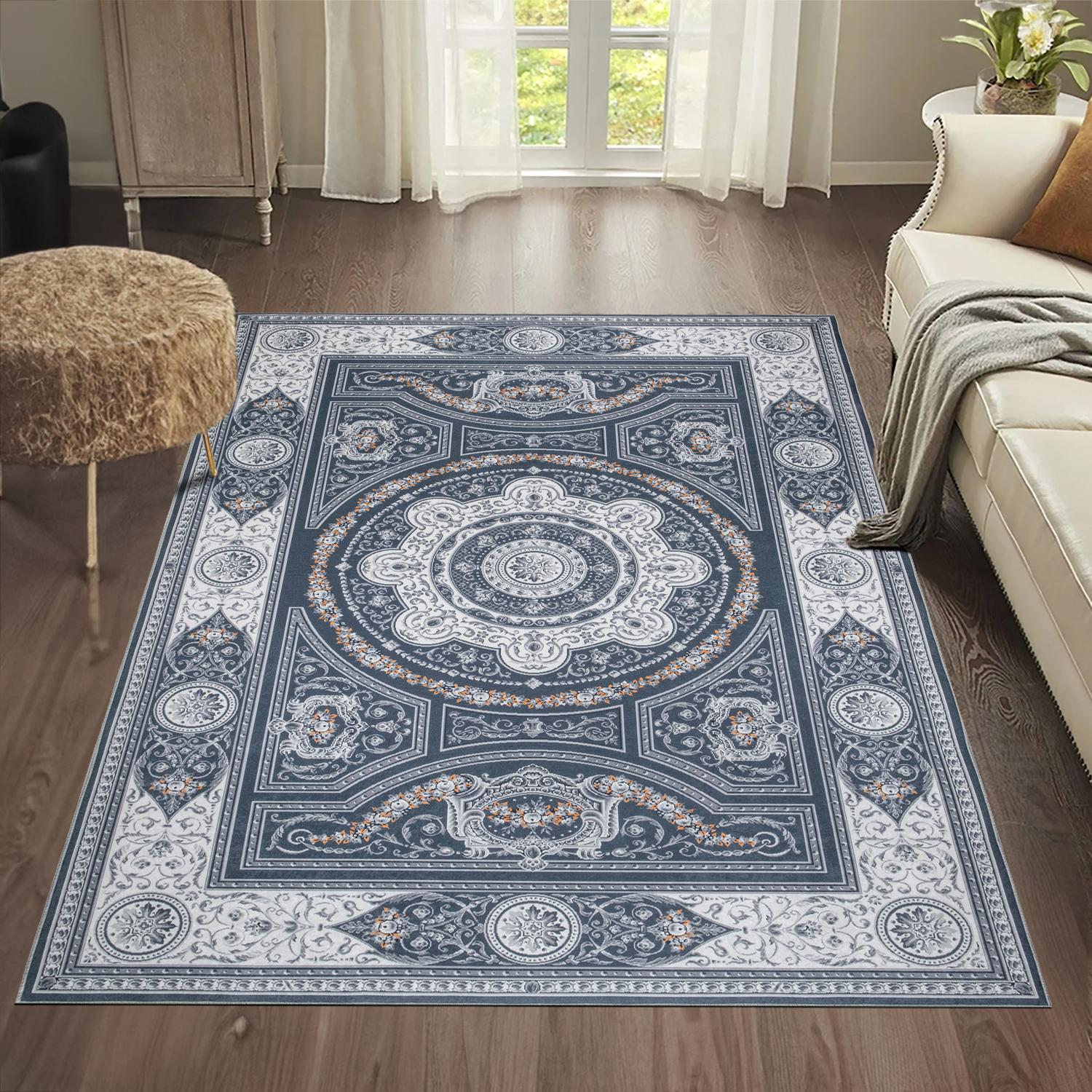 Gray Bursa machine washable area rug 3' x 5' - styled in a room setting