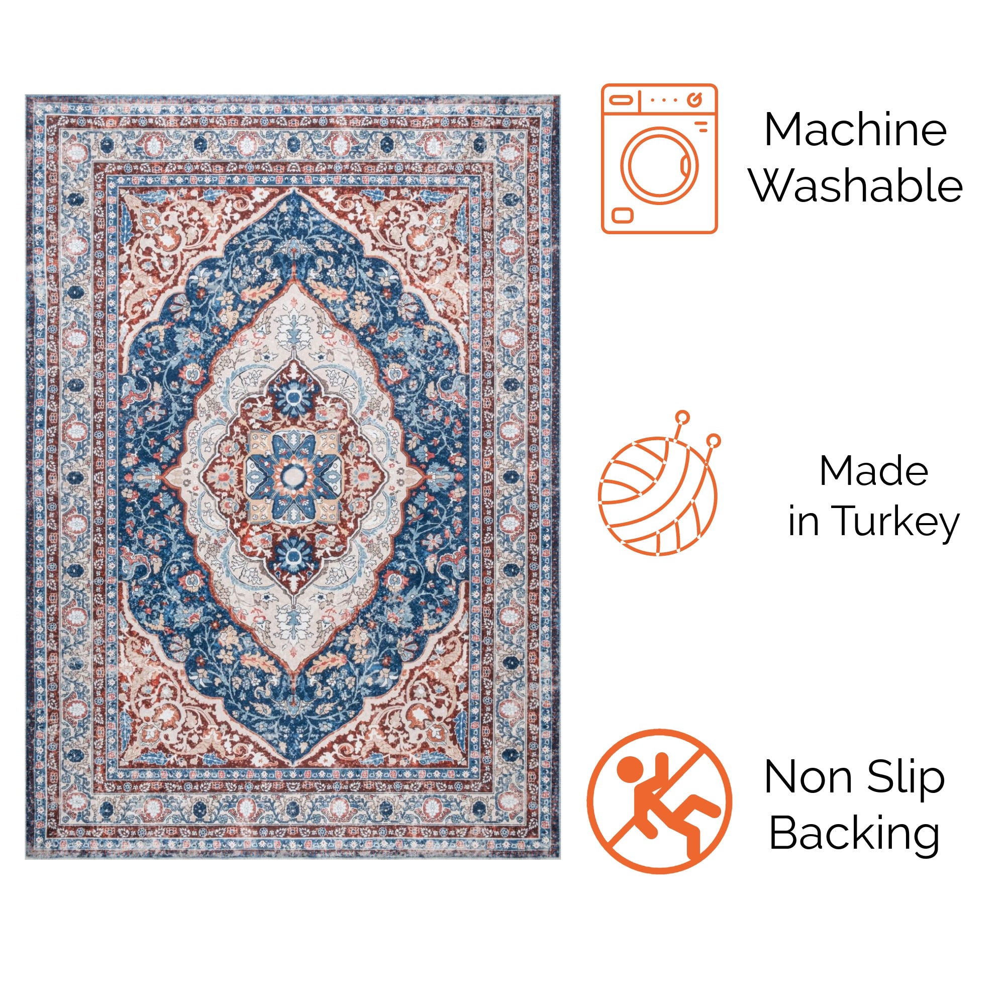 Peach Bursa machine washable area rug 5' x 7' - machine washable, made in Turkey, non-slip backing