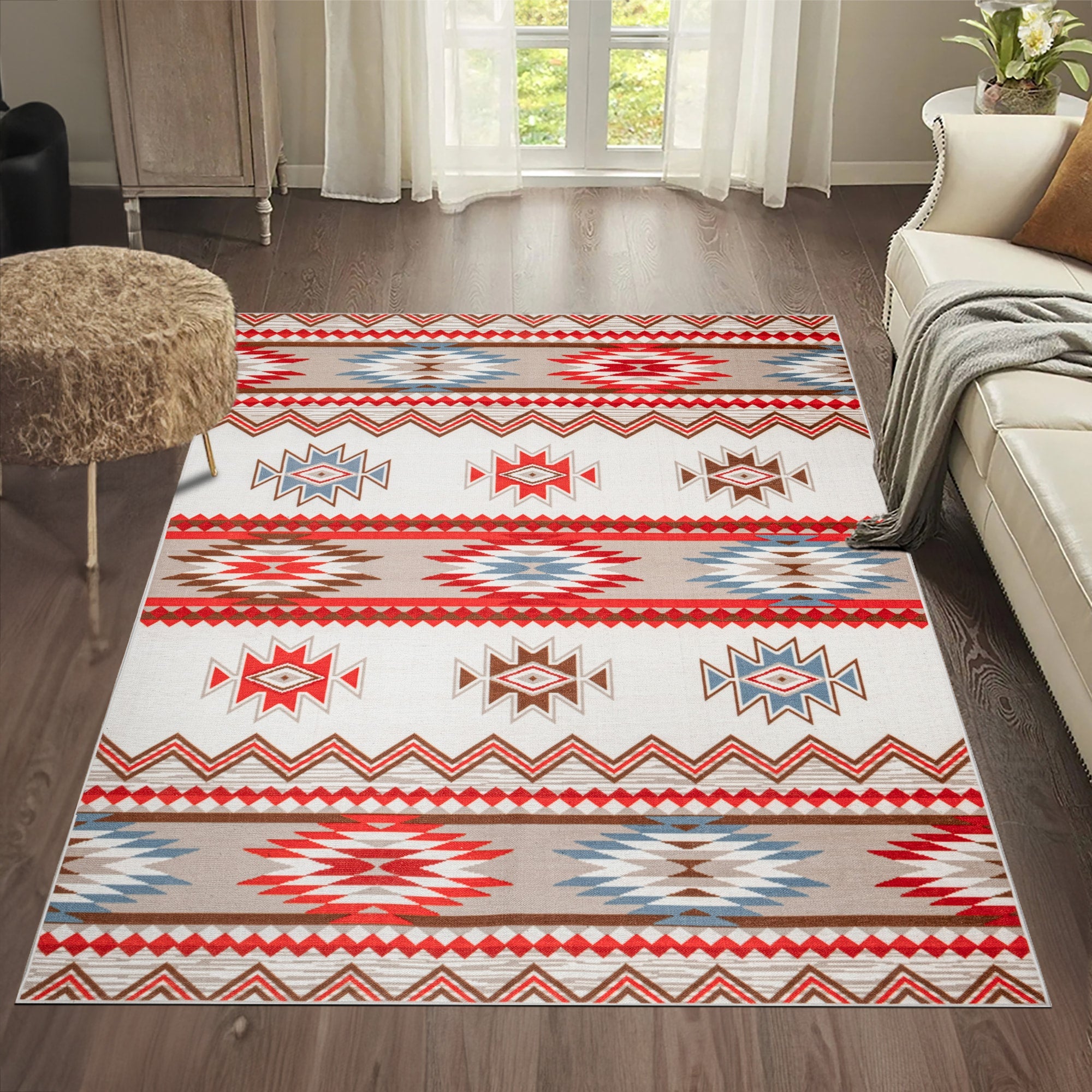 Ivory Konya machine washable area rug 4' x 6' - styled in a room setting