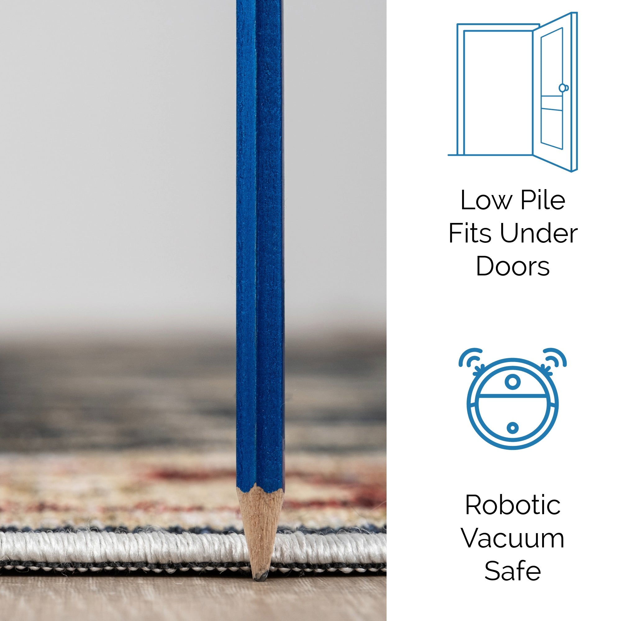 Navy Konya machine washable area rug 2' x 3' - low pile fits under doors, robotic vacuum safe