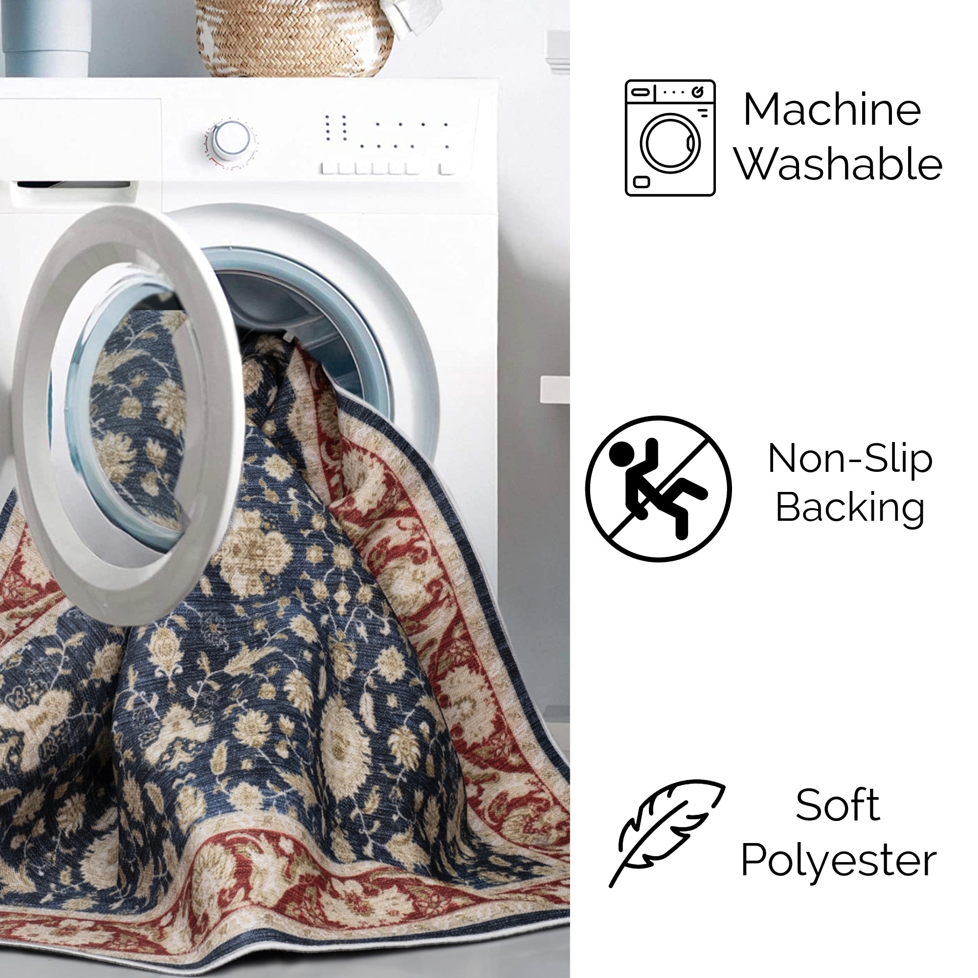 Navy Konya machine washable area rug 2' x 3' - machine washable, made in Turkey, non-slip backing