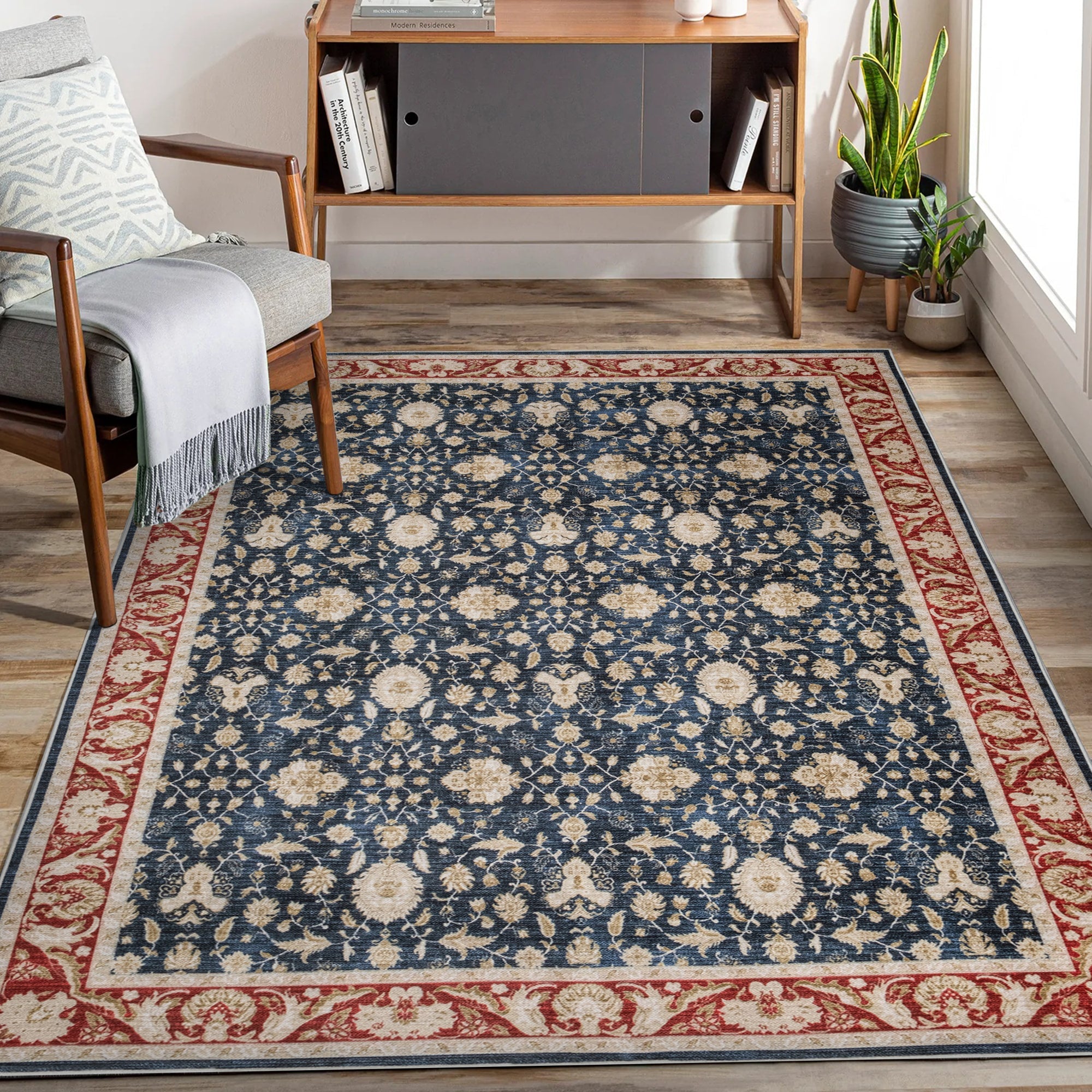 Navy Konya machine washable area rug 2' x 3' - styled in a living room