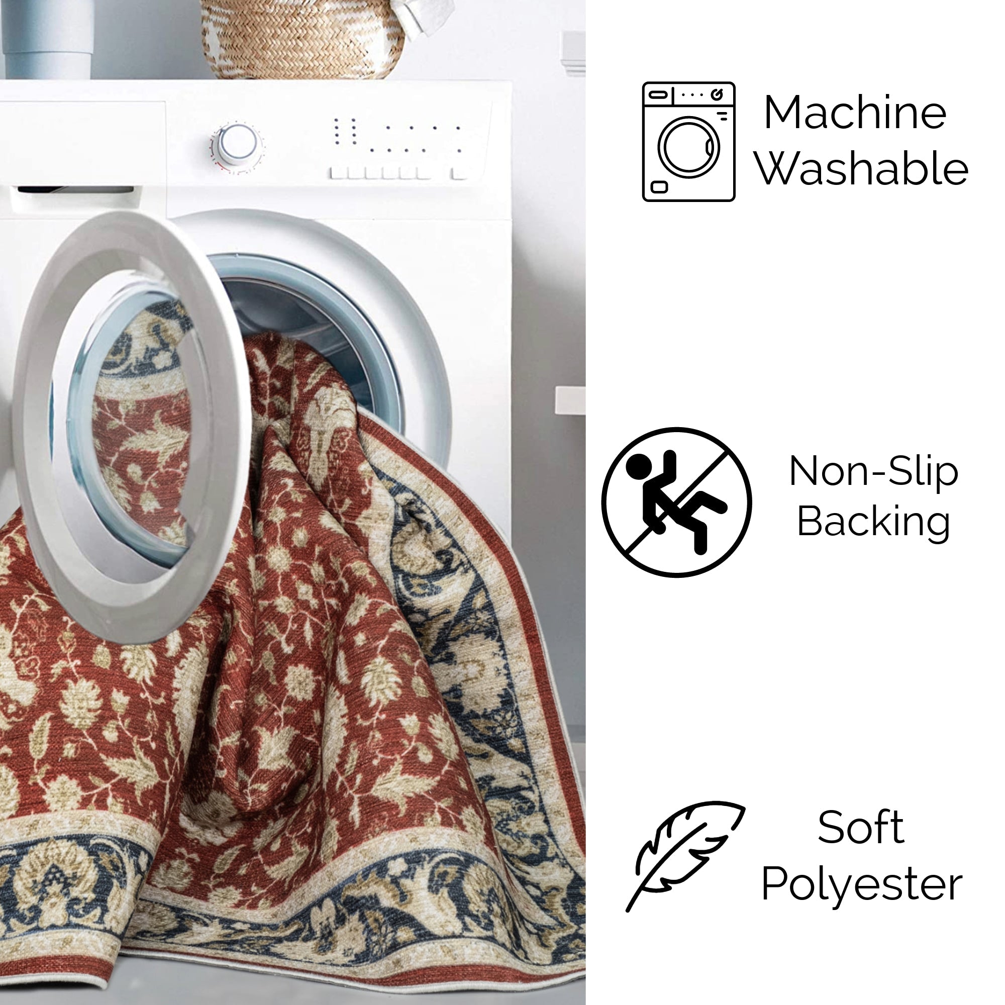 Red Konya machine washable area rug 2' x 3' - machine washable, made in Turkey, non-slip backing