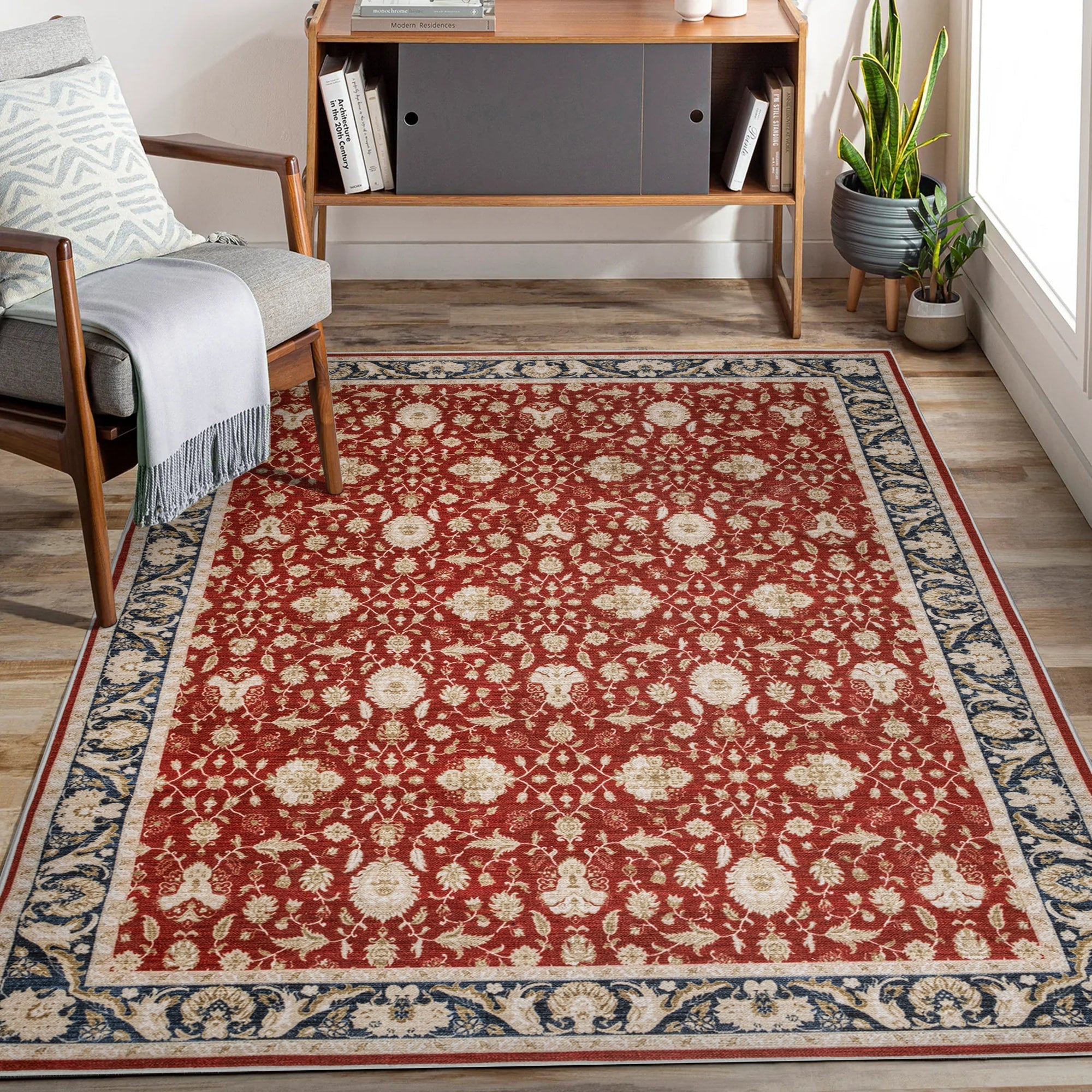 Red Konya machine washable area rug 2' x 3' - styled in a living room