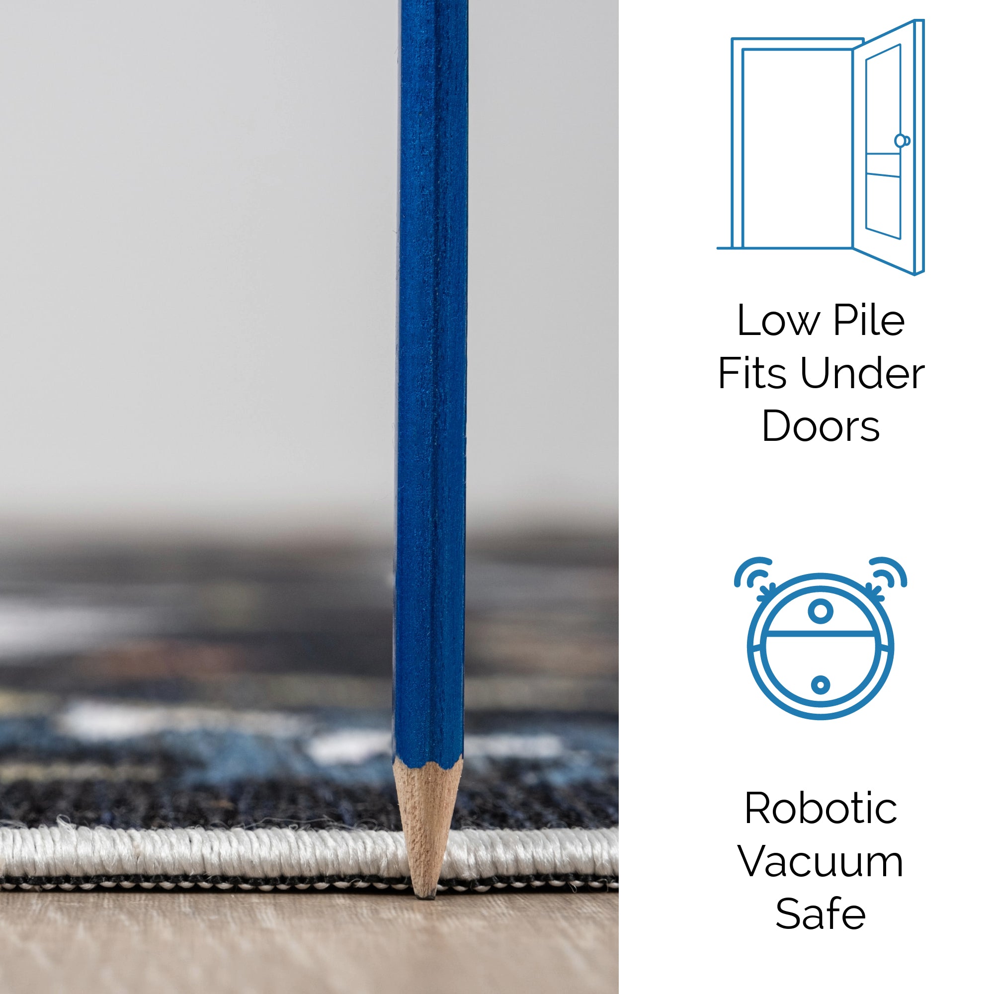 Navy Konya machine washable area rug 2' x 3' - low pile fits under doors, robotic vacuum safe