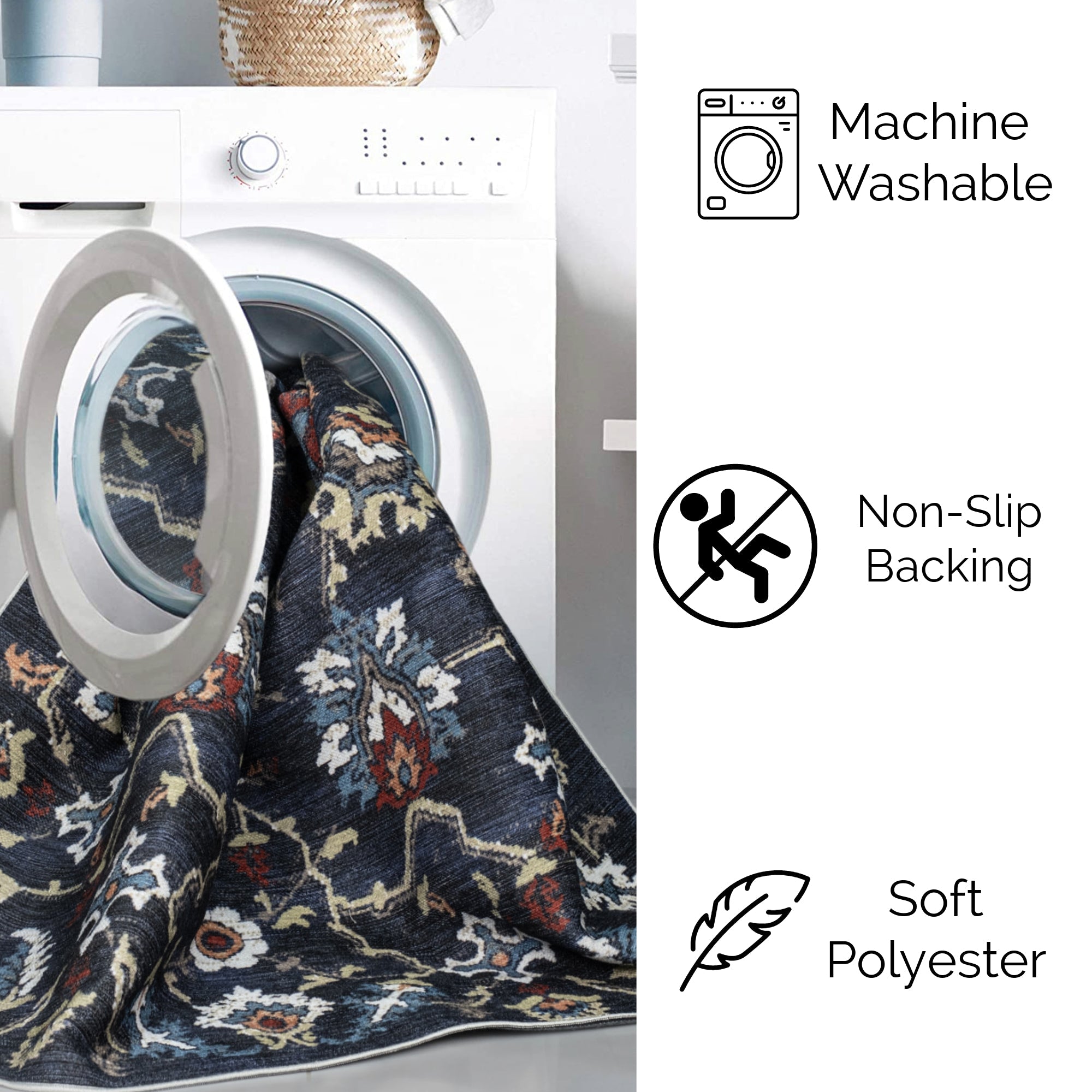 Navy Konya machine washable area rug 2' x 3' - machine washable, made in Turkey, non-slip backing