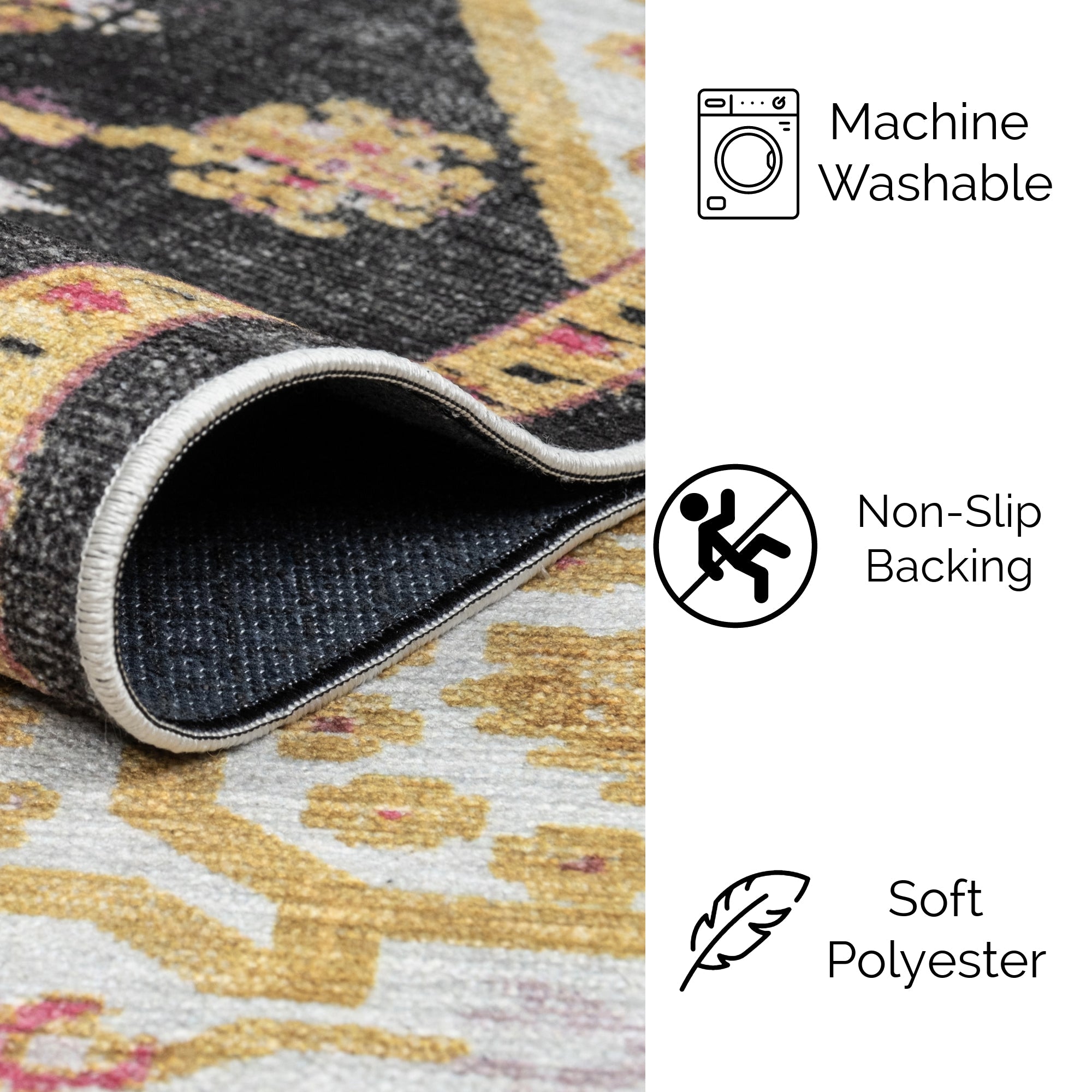 Charcoal Konya machine washable area rug 2' x 3' - machine washable, made in Turkey, non-slip backing