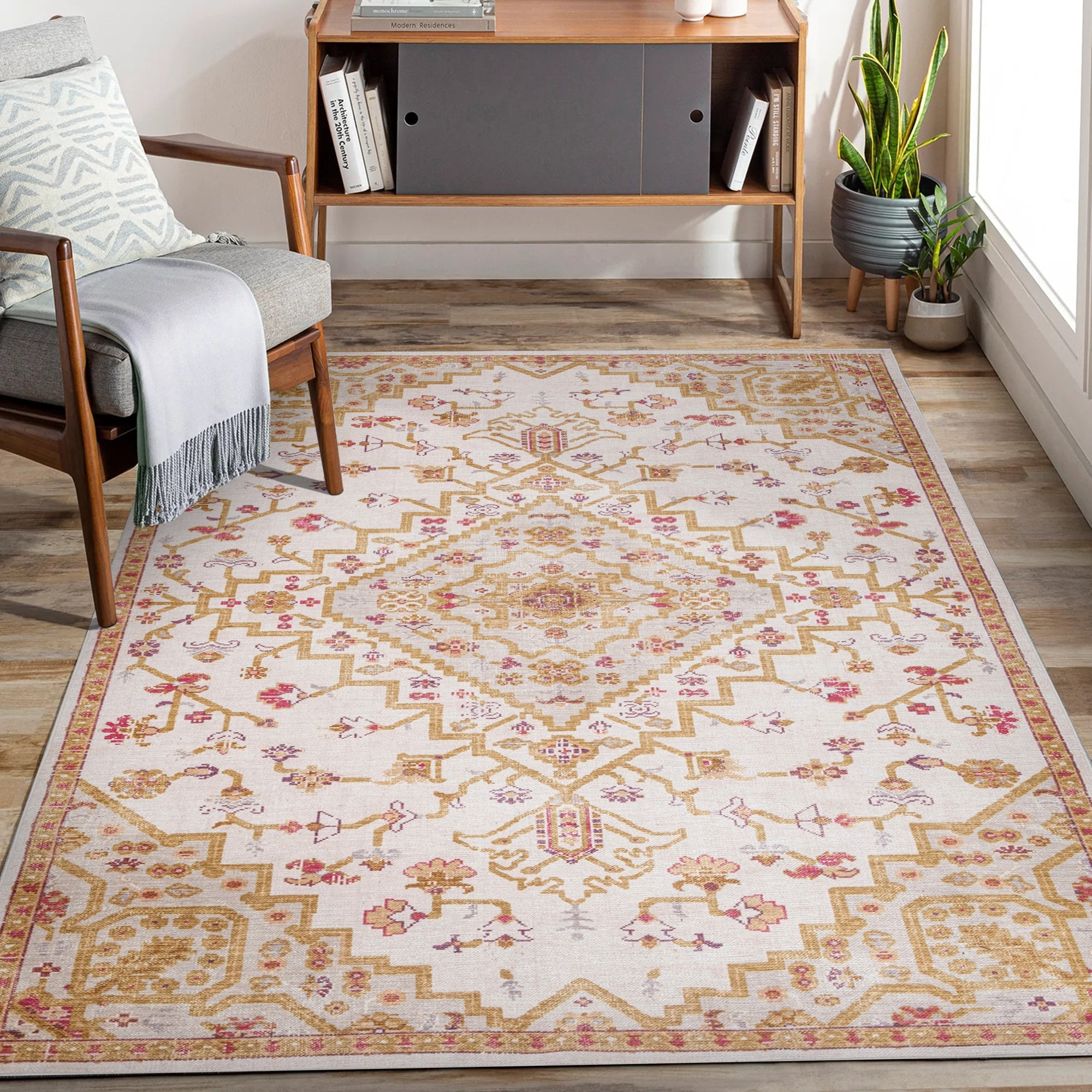 Ivory Konya machine washable area rug 4' x 6' - styled in a living room