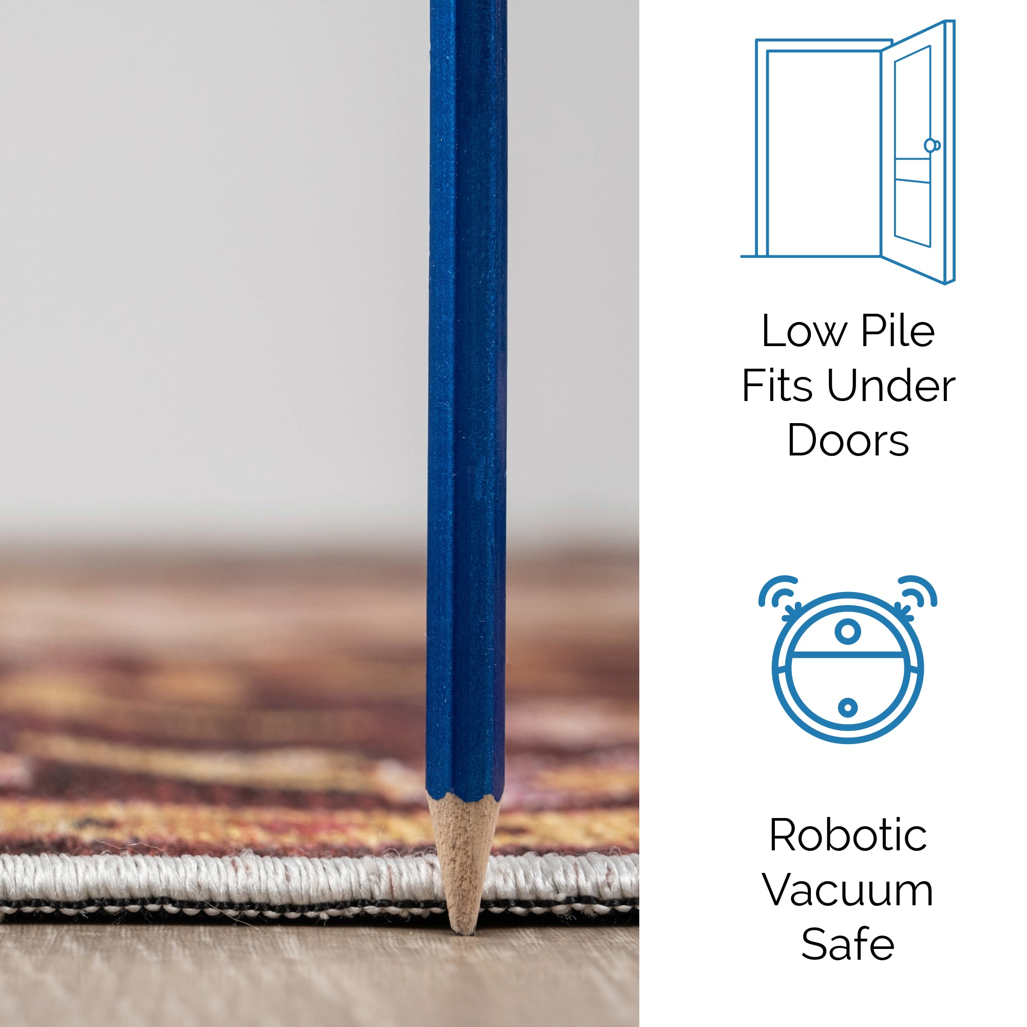 Red Konya machine washable area rug 4' x 6' - low pile fits under doors, robotic vacuum safe