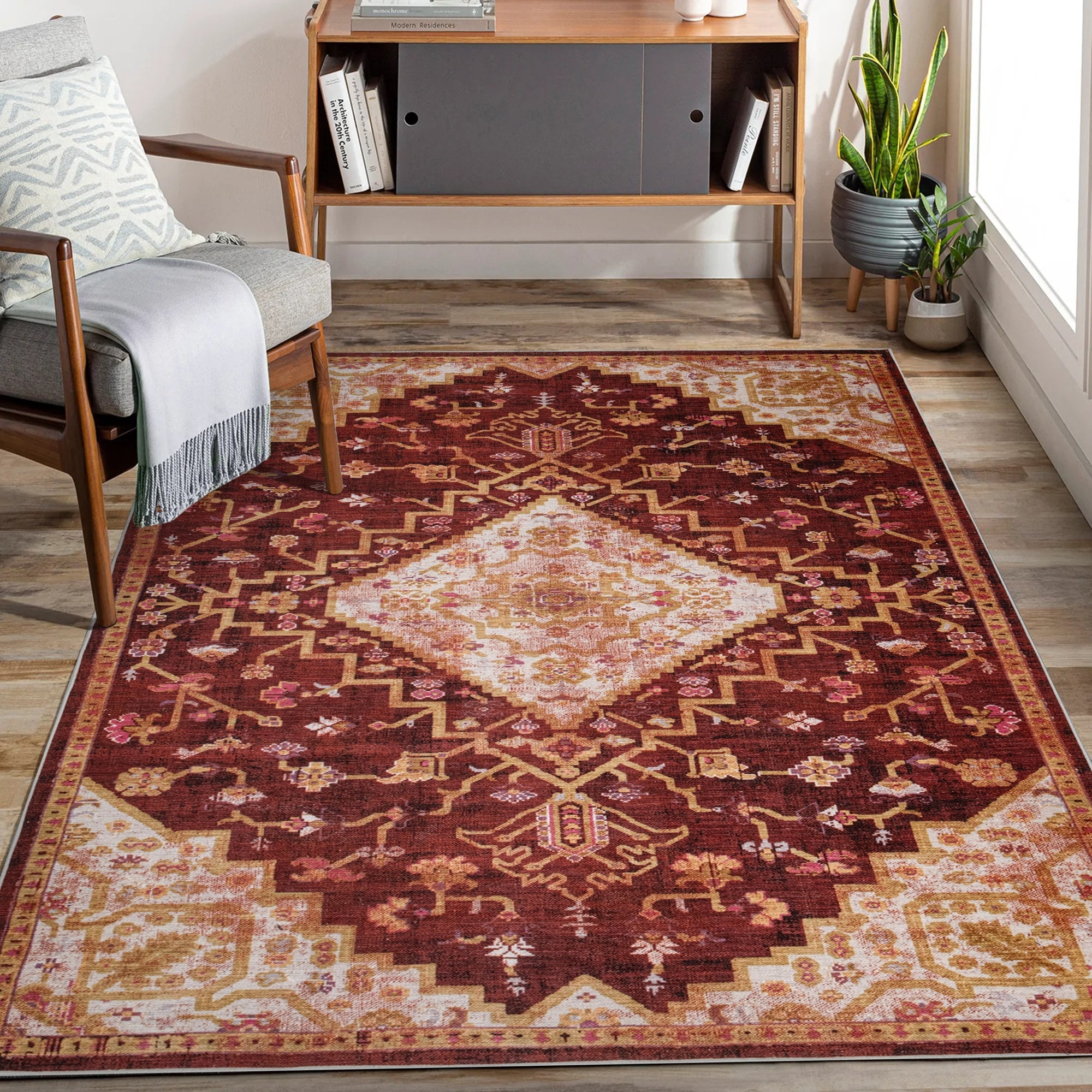 Red Konya machine washable area rug 4' x 6' - styled in a living room