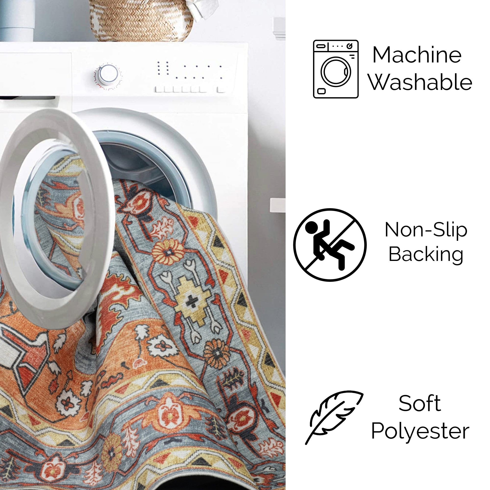 Orange Konya machine washable area rug 4' x 6' - machine washable, made in Turkey, non-slip backing