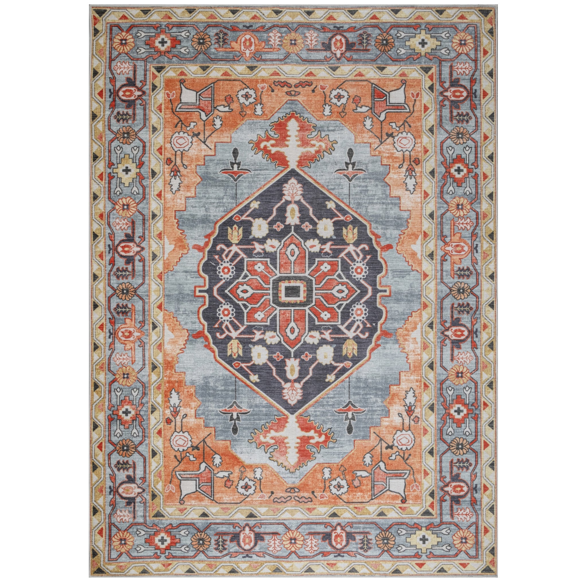 Orange Konya machine washable area rug 4' x 6' - flat overhead view