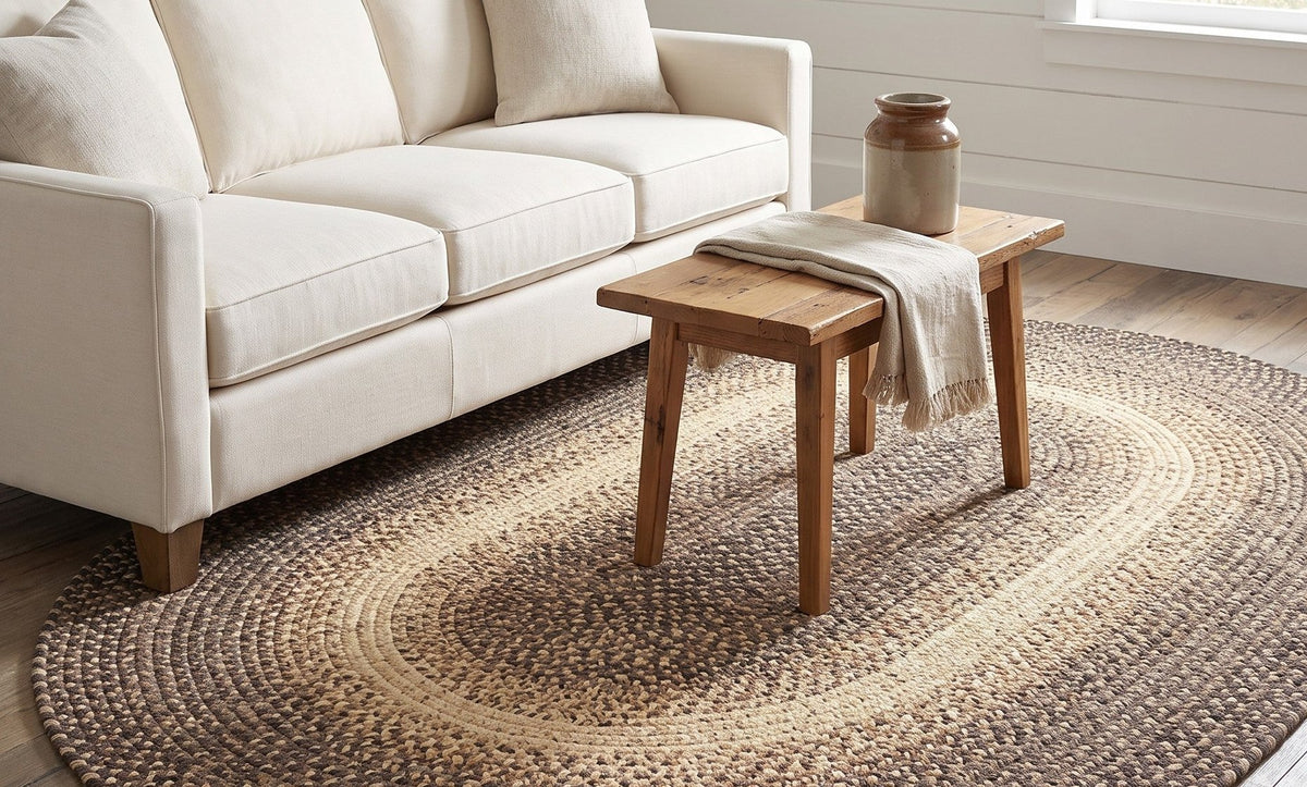 Brown oval braided rug in a bright living room