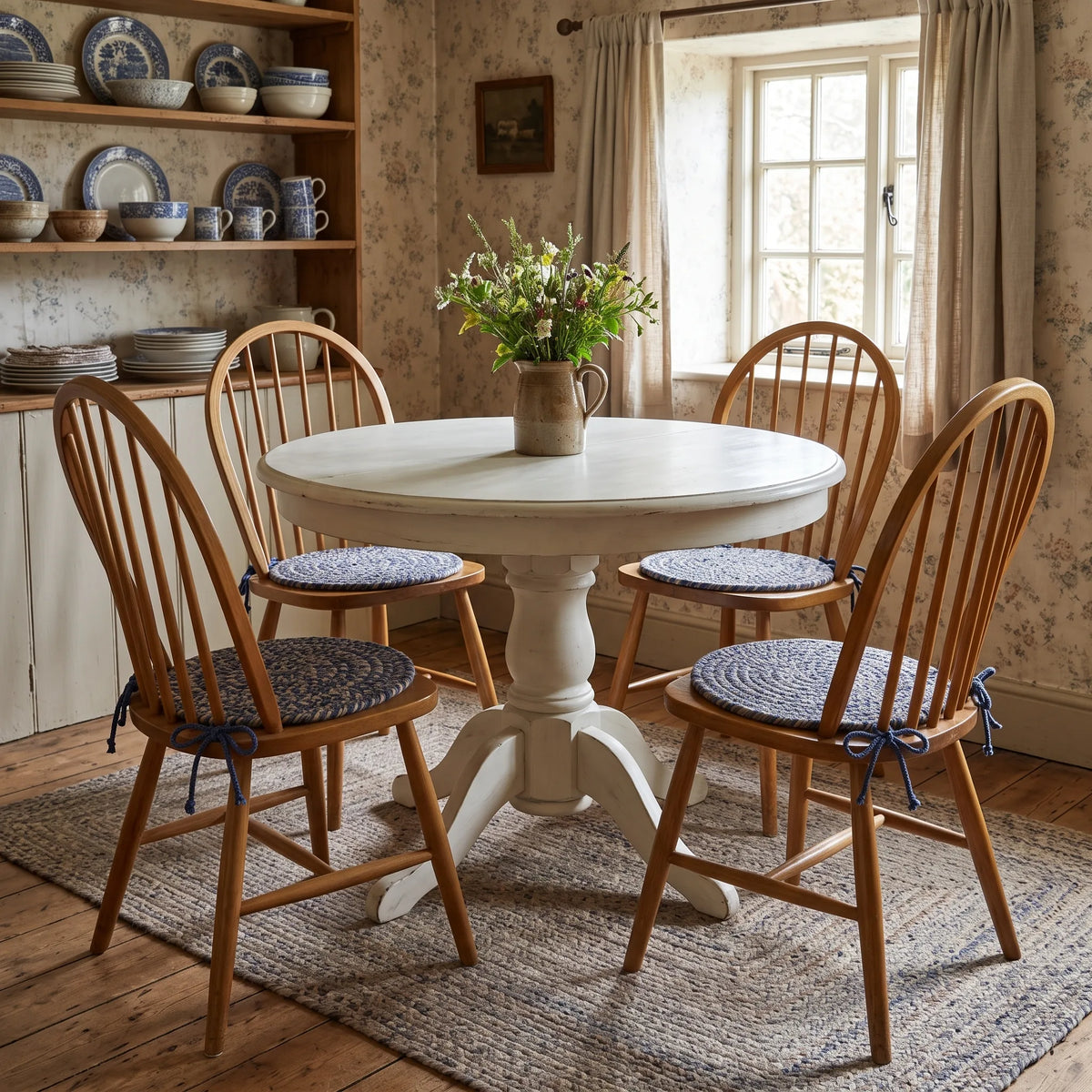Ridgewood Braided Chair Pads on four Windsor chairs in a cottage dining nook