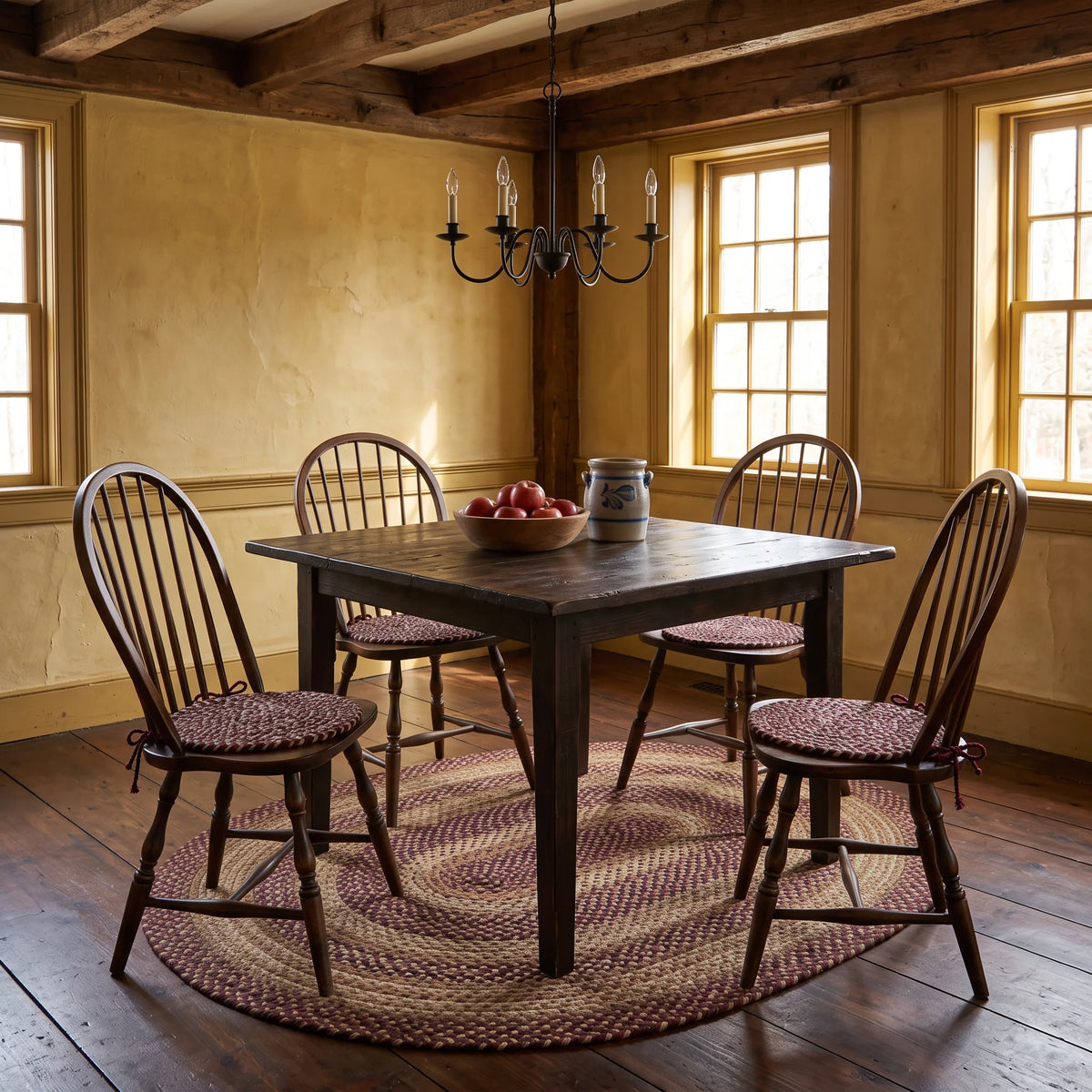 Ridgewood Braided Chair Pads on four Windsor chairs in a primitive colonial dining room