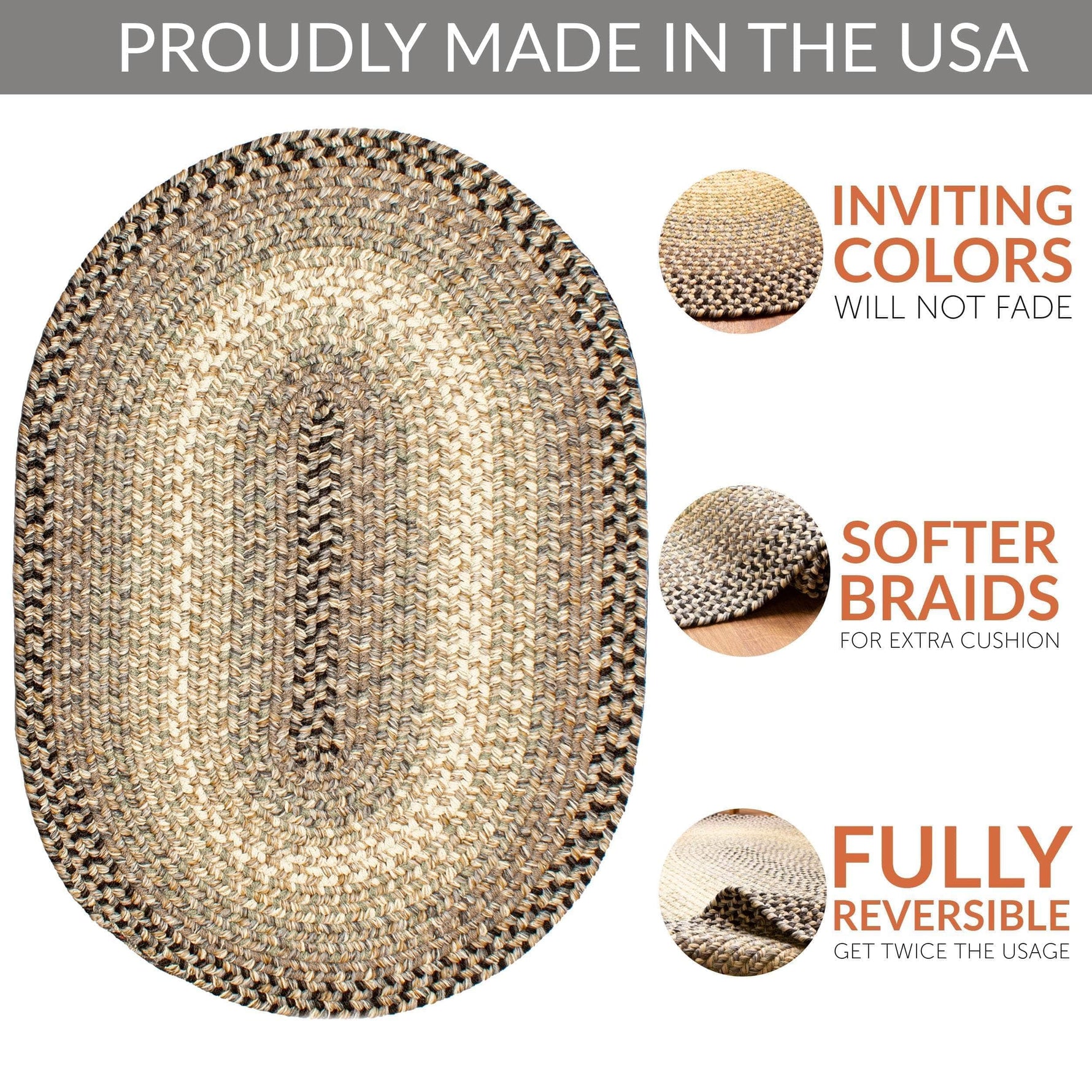 Gray/Black Braided Rug for Farmhouse Kitchens, Living Rooms & Interior Spaces - Made in USA - Premium Quality