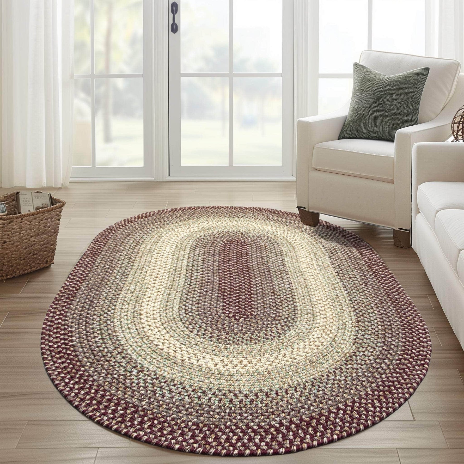 Burgundy Braided Rug for Farmhouse Kitchens, Living Rooms & Interior Spaces - Made in USA - Premium Quality