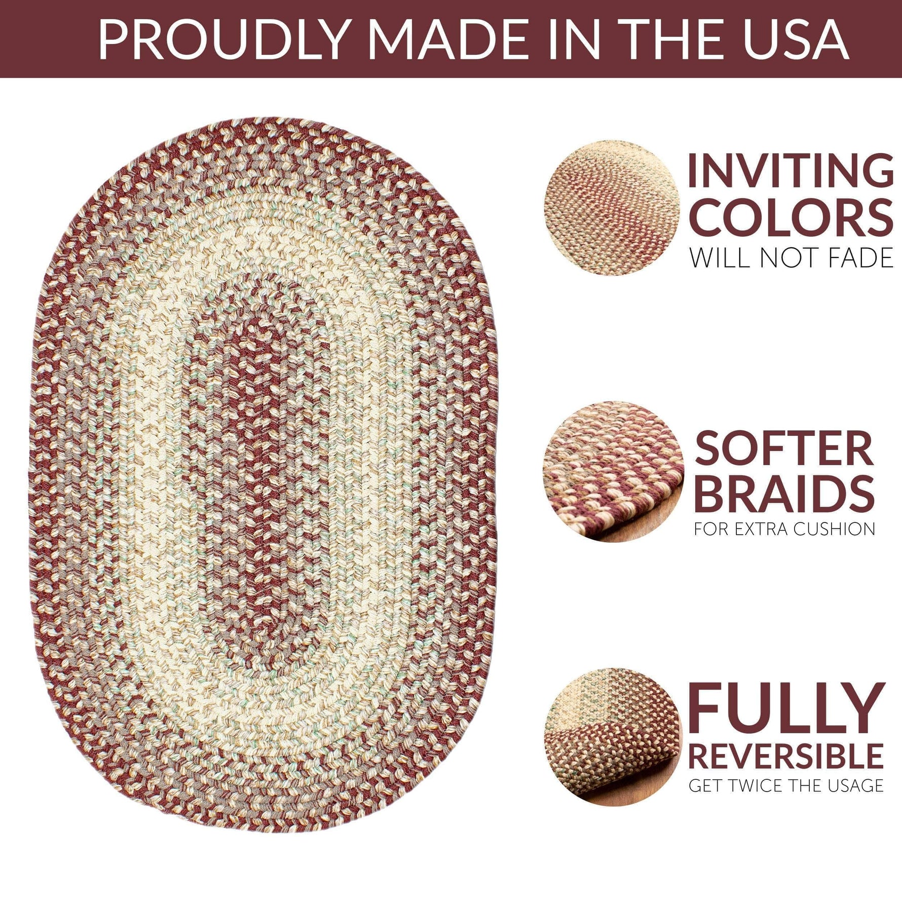 Burgundy Braided Rug for Farmhouse Kitchens, Living Rooms & Interior Spaces - Made in USA - Premium Quality