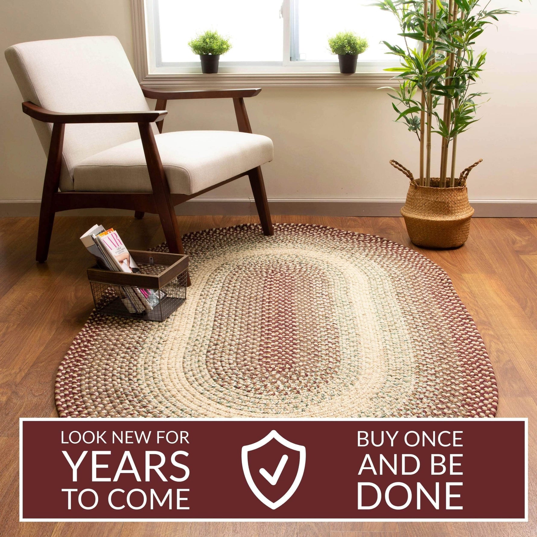 Burgundy Braided Rug for Farmhouse Kitchens, Living Rooms & Interior Spaces - Made in USA - Premium Quality