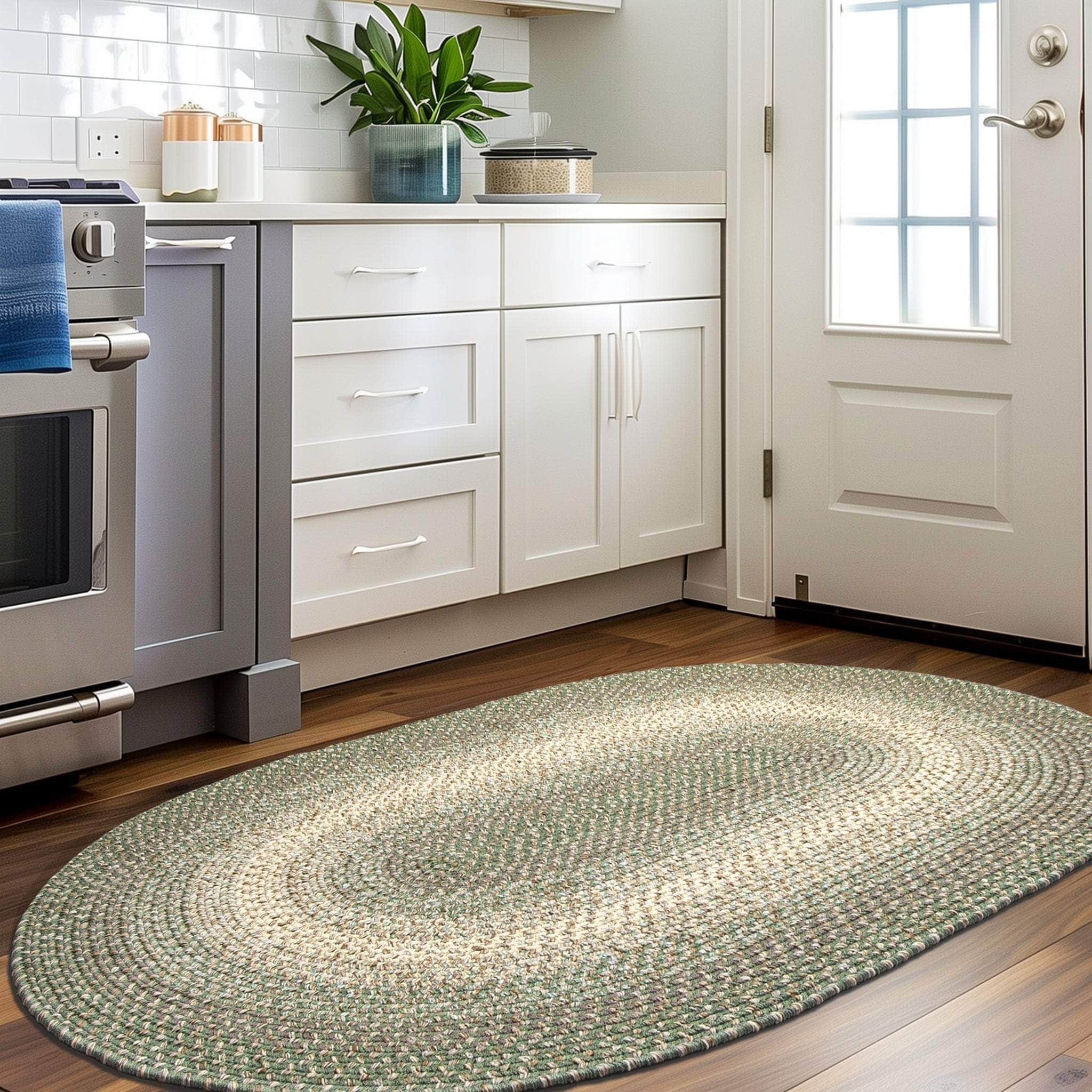 Green Braided Rug for Farmhouse Kitchens, Living Rooms & Interior Spaces - Made in USA - Premium Quality