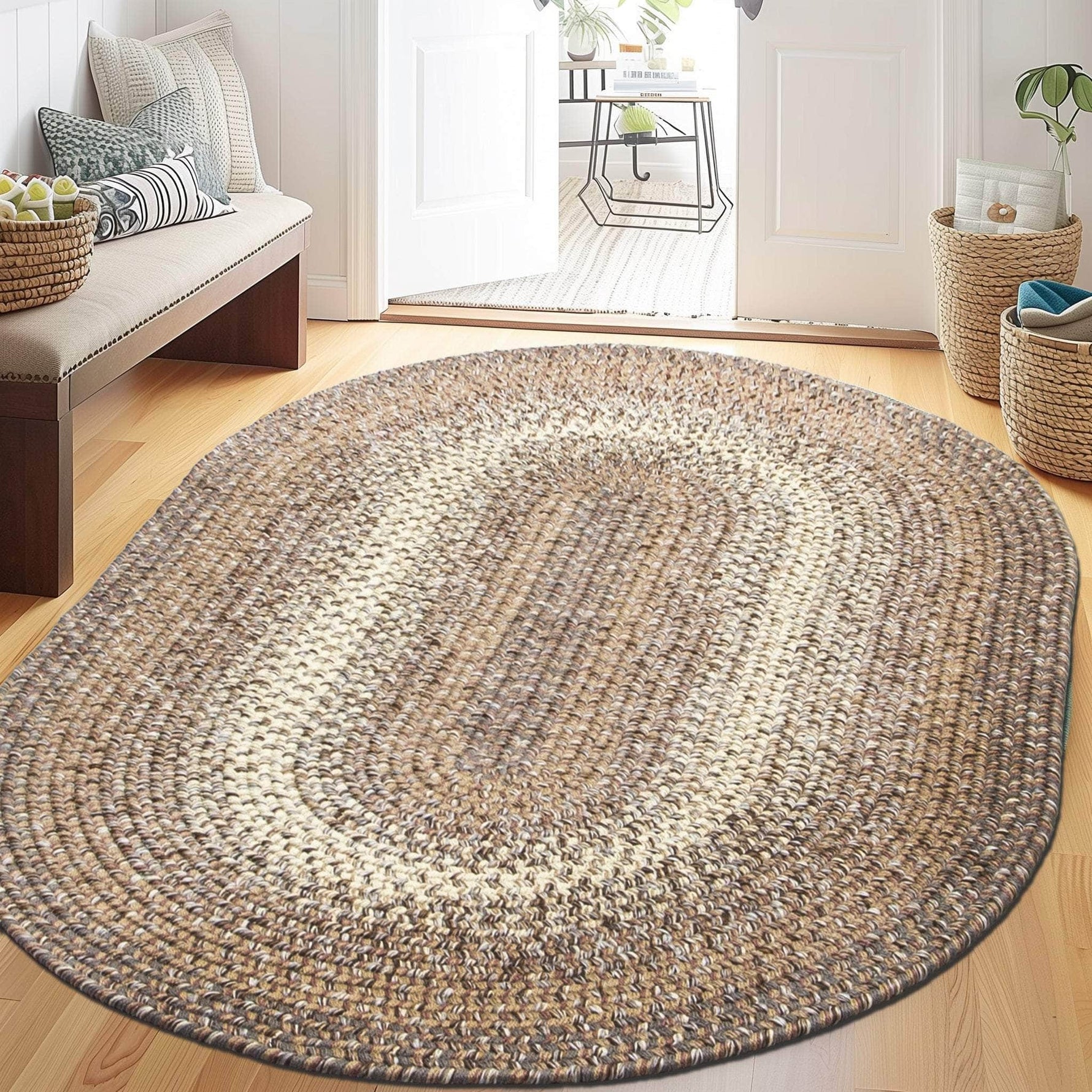 Taupe/Neutral Braided Rug for Farmhouse Kitchens, Living Rooms & Interior Spaces - Made in USA - Premium Quality