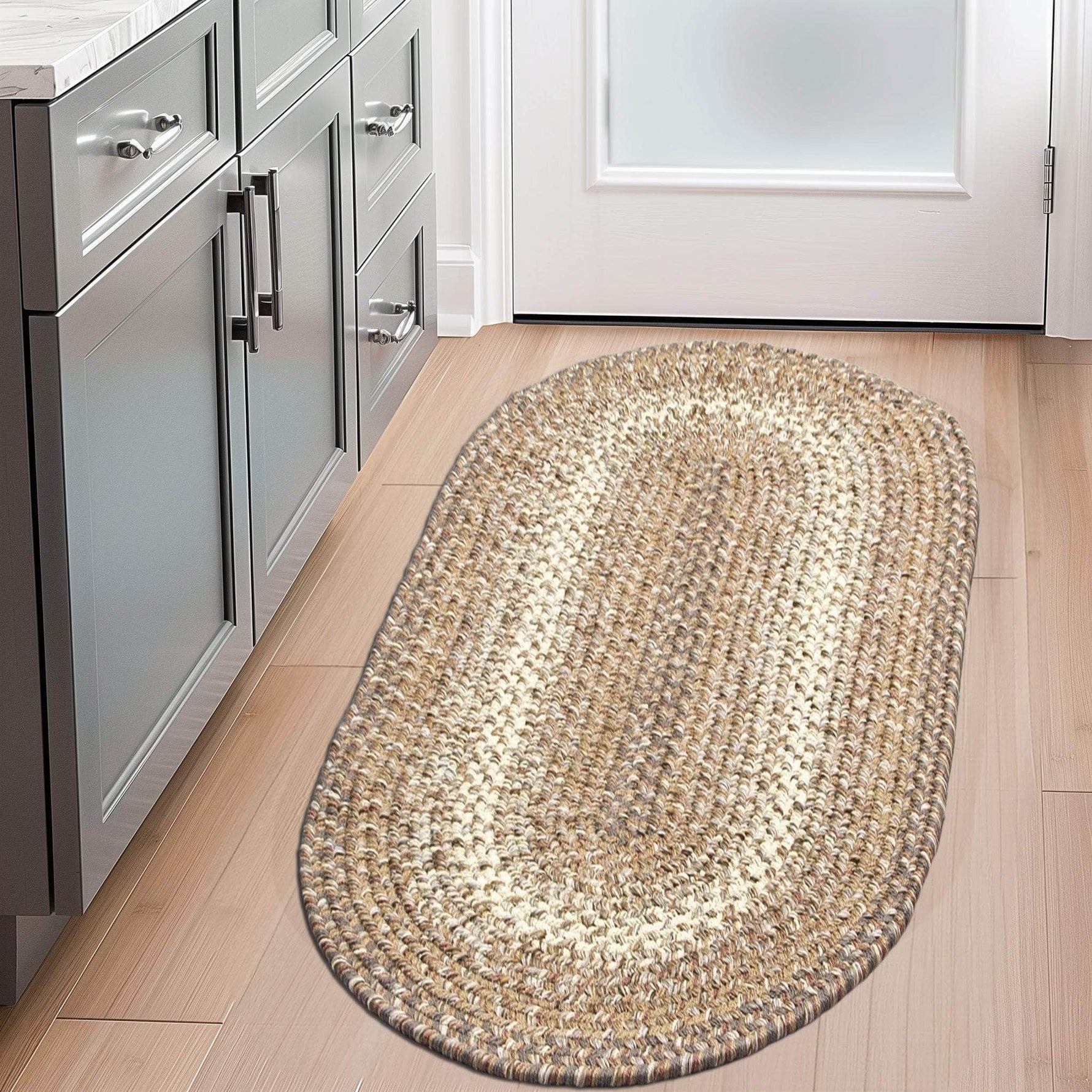 Taupe/Neutral Braided Rug for Farmhouse Kitchens, Living Rooms & Interior Spaces - Made in USA - Premium Quality