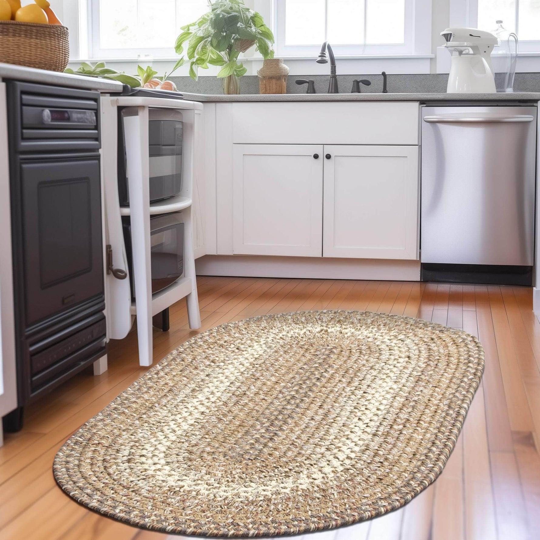 Taupe/Neutral Braided Rug for Farmhouse Kitchens, Living Rooms & Interior Spaces - Made in USA - Premium Quality