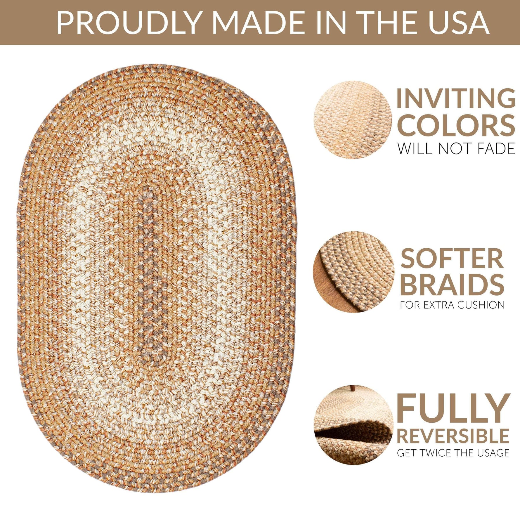 Taupe/Neutral Braided Rug for Farmhouse Kitchens, Living Rooms & Interior Spaces - Made in USA - Premium Quality