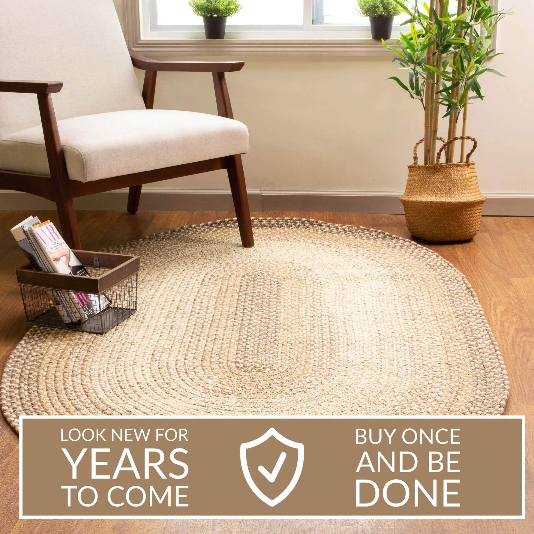 Taupe/Neutral Braided Rug for Farmhouse Kitchens, Living Rooms & Interior Spaces - Made in USA - Premium Quality