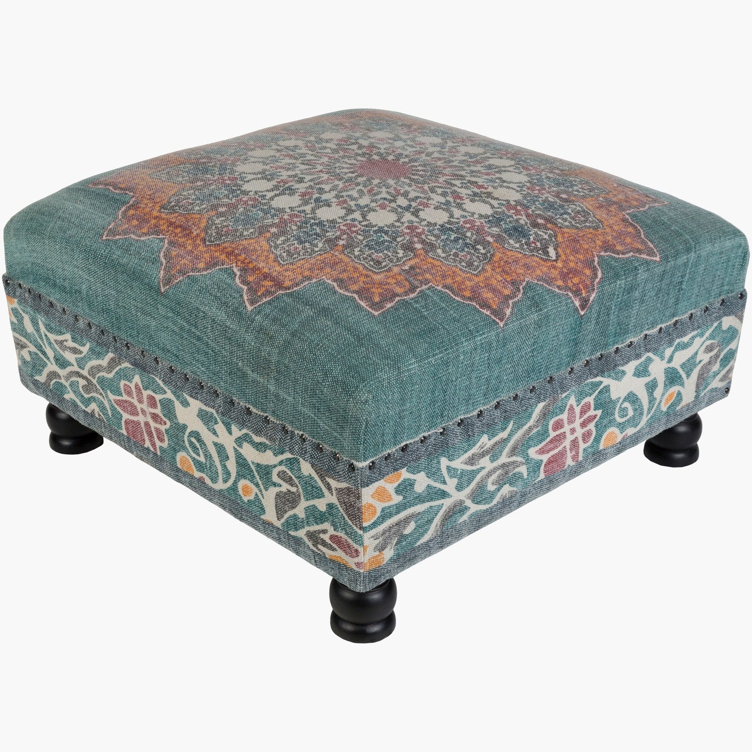 Surat Ottoman in Sage & Blue & Saffron & Burnt Orange & Dark Blue & Black